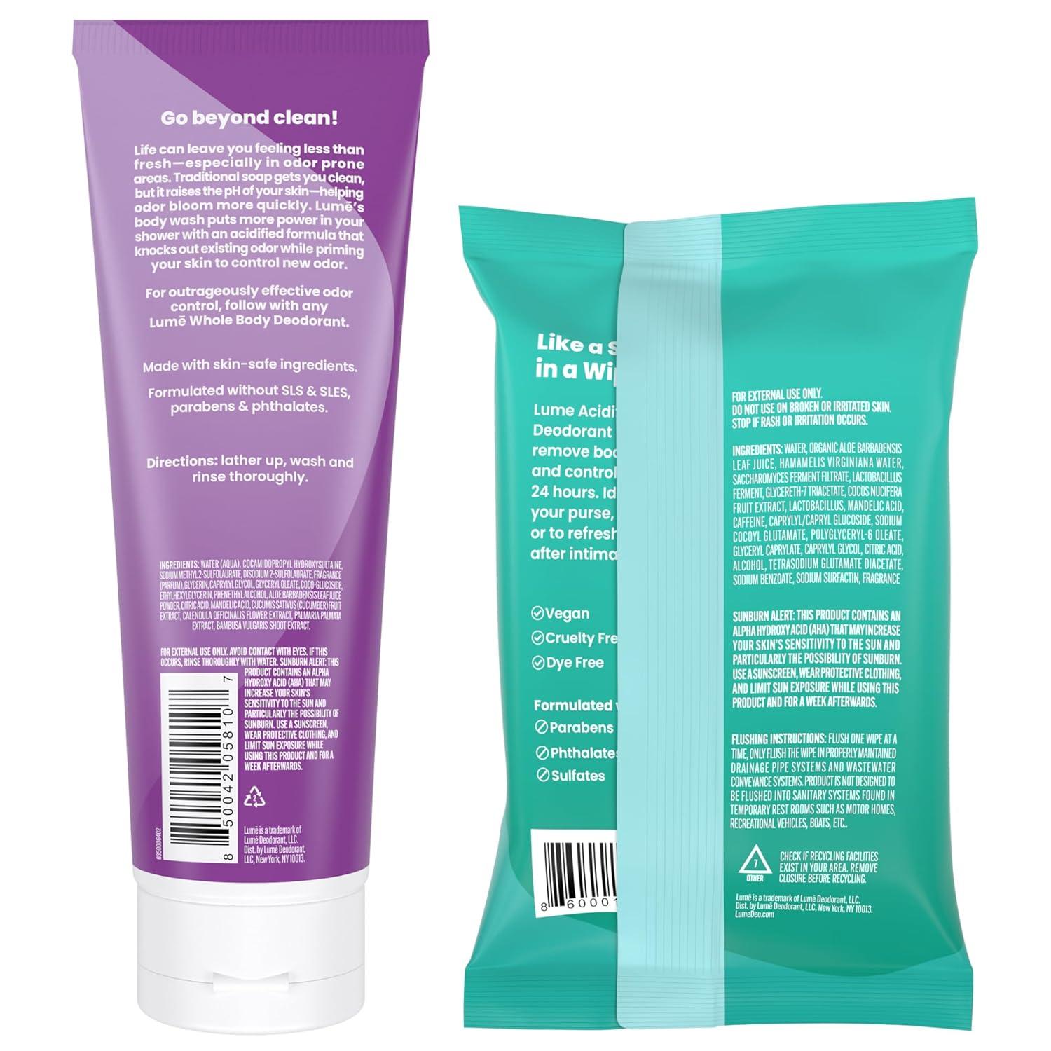 image:imageLume Acidified Body Wash amp Flushable Deodorant Wipes 24 Hour Odor Control Hydrating Wash Without SLS or Parabens OBGYN Developed 85 ounce Lavender Sage 15 Count Wipes CucumberLavender Sage Cool Cucumber