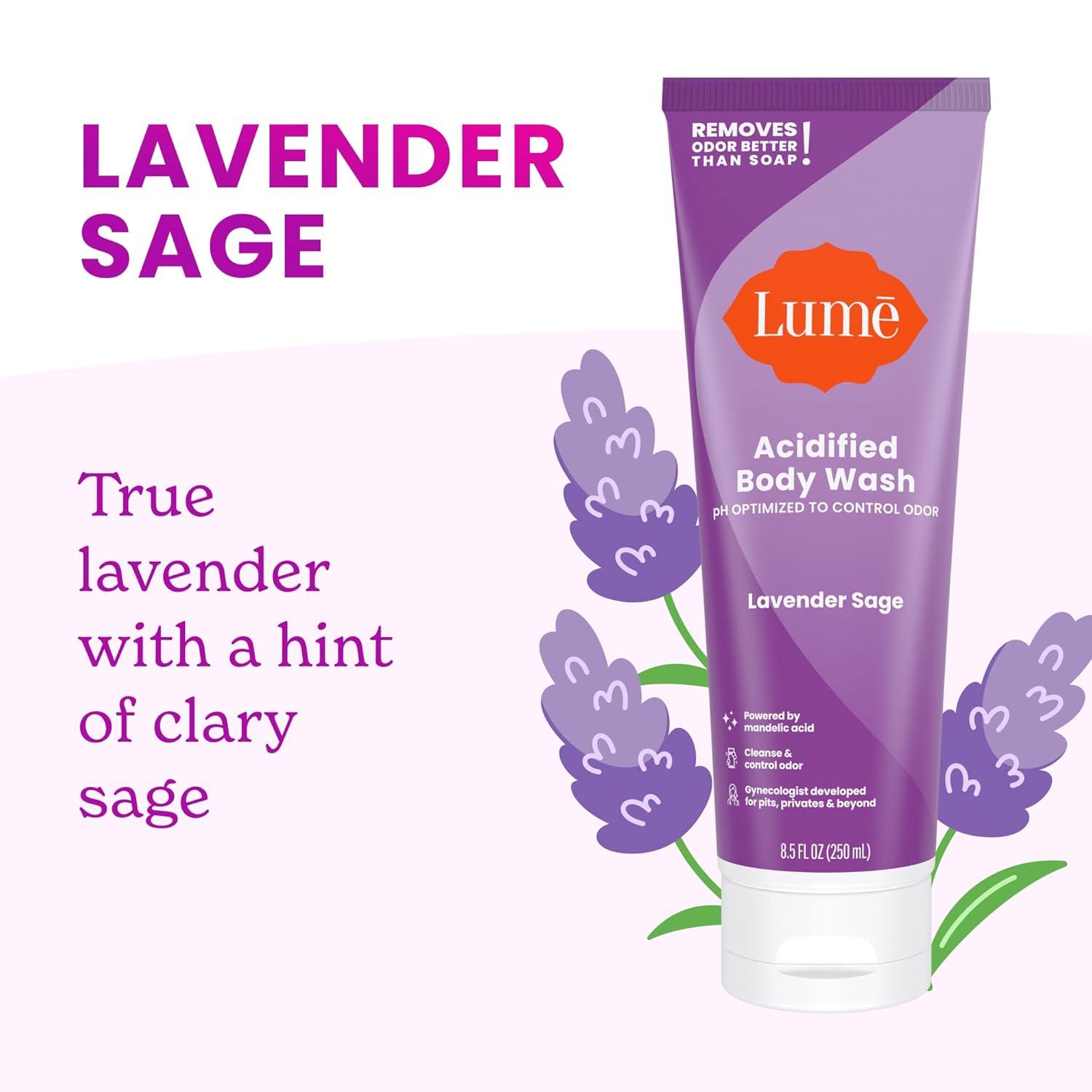 image:imageLume Acidified Body Wash amp Flushable Deodorant Wipes 24 Hour Odor Control Hydrating Wash Without SLS or Parabens OBGYN Developed 85 ounce Lavender Sage 15 Count Wipes CucumberLavender Sage Cool Cucumber