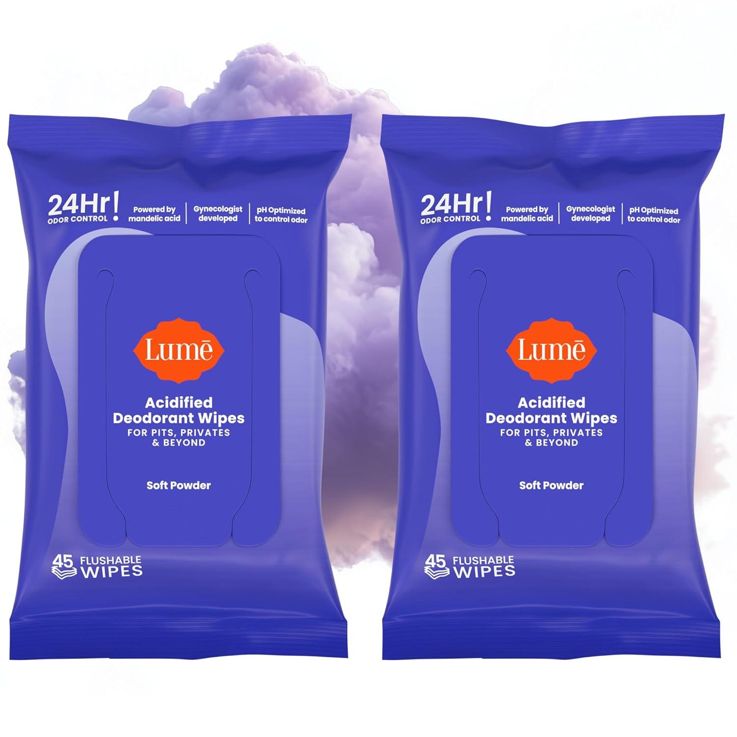 image:imageLume Acidified Deodorant Wipes 24 Hour Odor Control Whole Body Deodorant Wipes Aluminum Free Baking Soda Free Skin Loving Flushable 15 Count 3 Pack Soft PowderSoft Powder