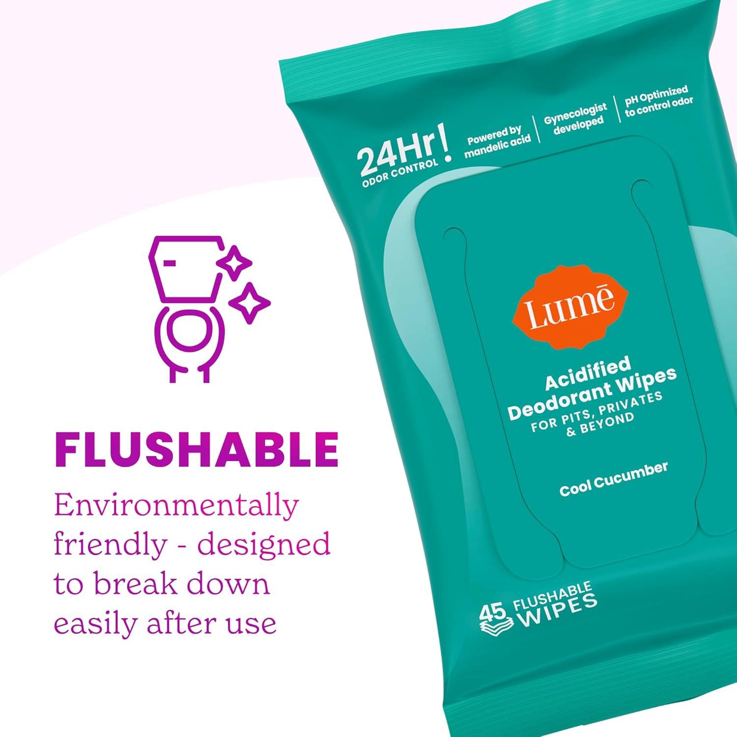 image:imageLume Acidified Deodorant Wipes 24 Hour Odor Control Whole Body Deodorant Wipes Aluminum Free Baking Soda Free Skin Loving Flushable 15 Count 3 Pack Soft PowderCool Cucumber