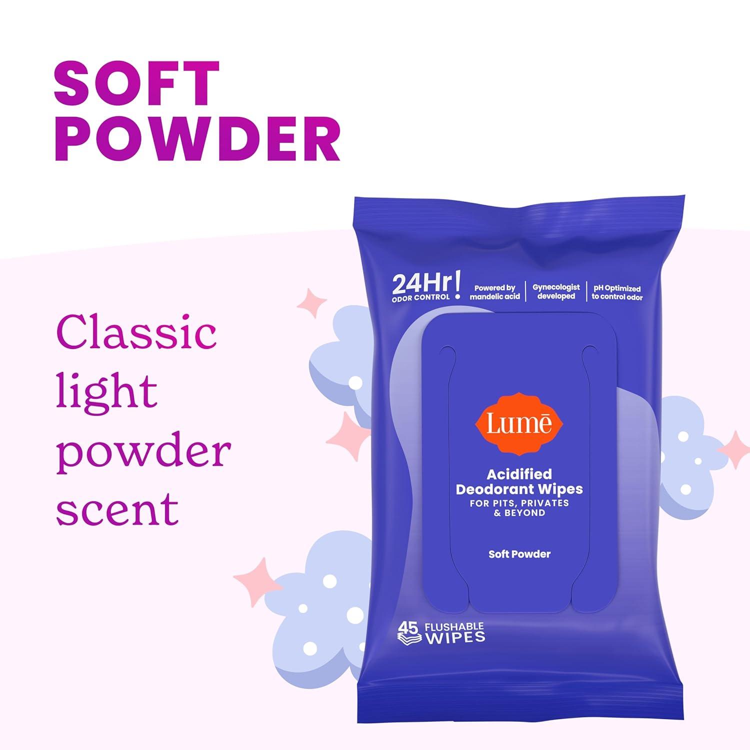 image:imageLume Acidified Deodorant Wipes 24 Hour Odor Control Whole Body Deodorant Wipes Aluminum Free Baking Soda Free Skin Loving Flushable 15 Count 3 Pack Soft PowderSoft Powder