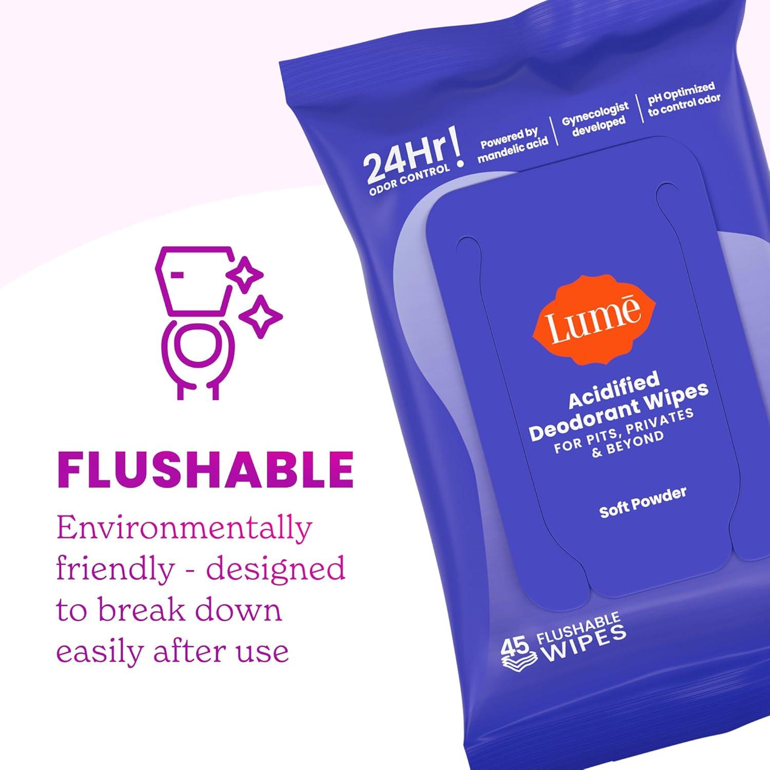 image:imageLume Acidified Deodorant Wipes 24 Hour Odor Control Whole Body Deodorant Wipes Aluminum Free Baking Soda Free Skin Loving Flushable 15 Count 3 Pack Soft PowderSoft Powder