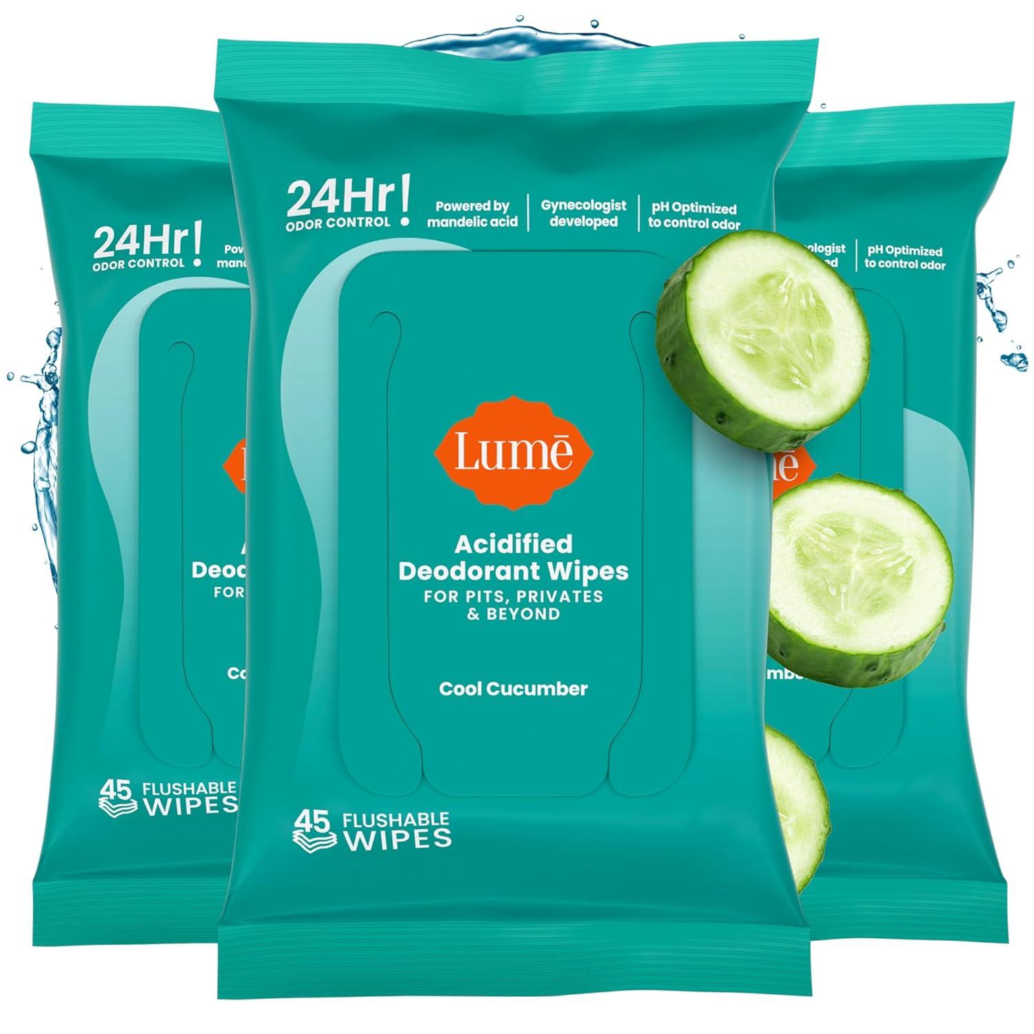 image:imageLume Acidified Deodorant Wipes 24 Hour Odor Control Whole Body Deodorant Wipes Aluminum Free Baking Soda Free Skin Loving Flushable 15 Count 3 Pack Soft PowderCool Cucumber