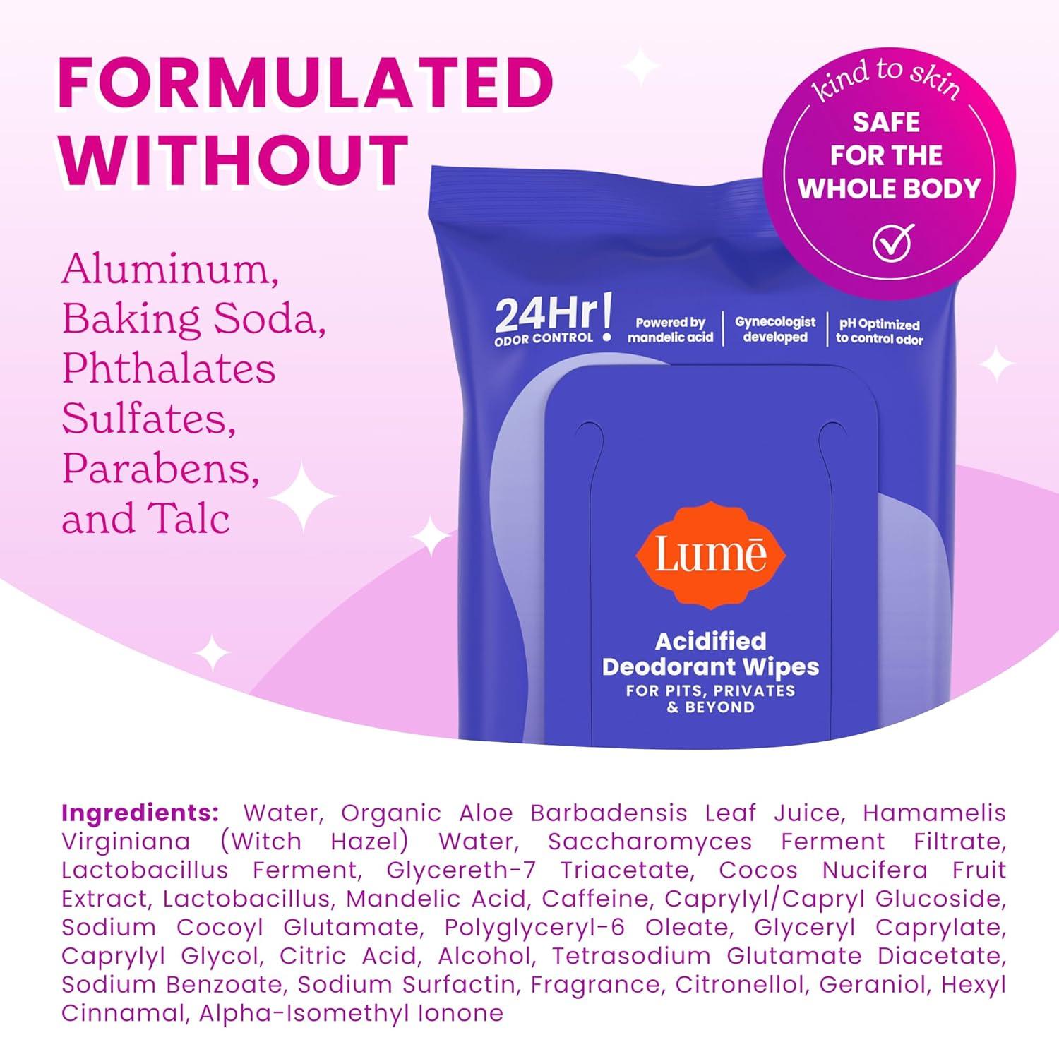 image:imageLume Acidified Deodorant Wipes 24 Hour Odor Control Whole Body Deodorant Wipes Aluminum Free Baking Soda Free Skin Loving Flushable 15 Count 3 Pack Soft PowderSoft Powder