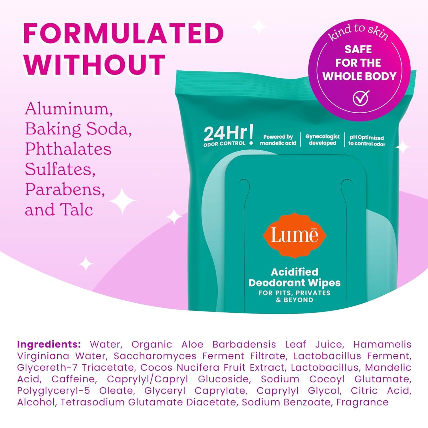 image:imageLume Acidified Deodorant Wipes 24 Hour Odor Control Whole Body Deodorant Wipes Aluminum Free Baking Soda Free Skin Loving Flushable 15 Count 3 Pack Soft PowderCool Cucumber