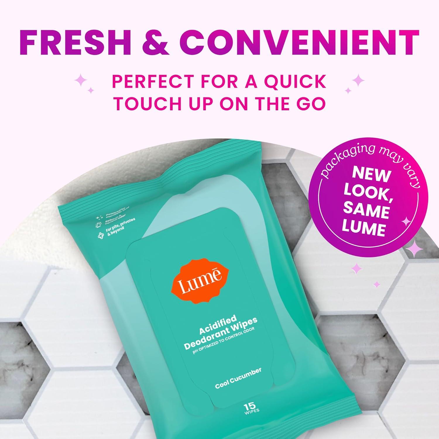 image:imageLume Acidified Deodorant Wipes 24 Hour Odor Control Whole Body Deodorant Wipes Aluminum Free Baking Soda Free Skin Loving Flushable 15 Count 3 Pack Soft PowderCool Cucumber
