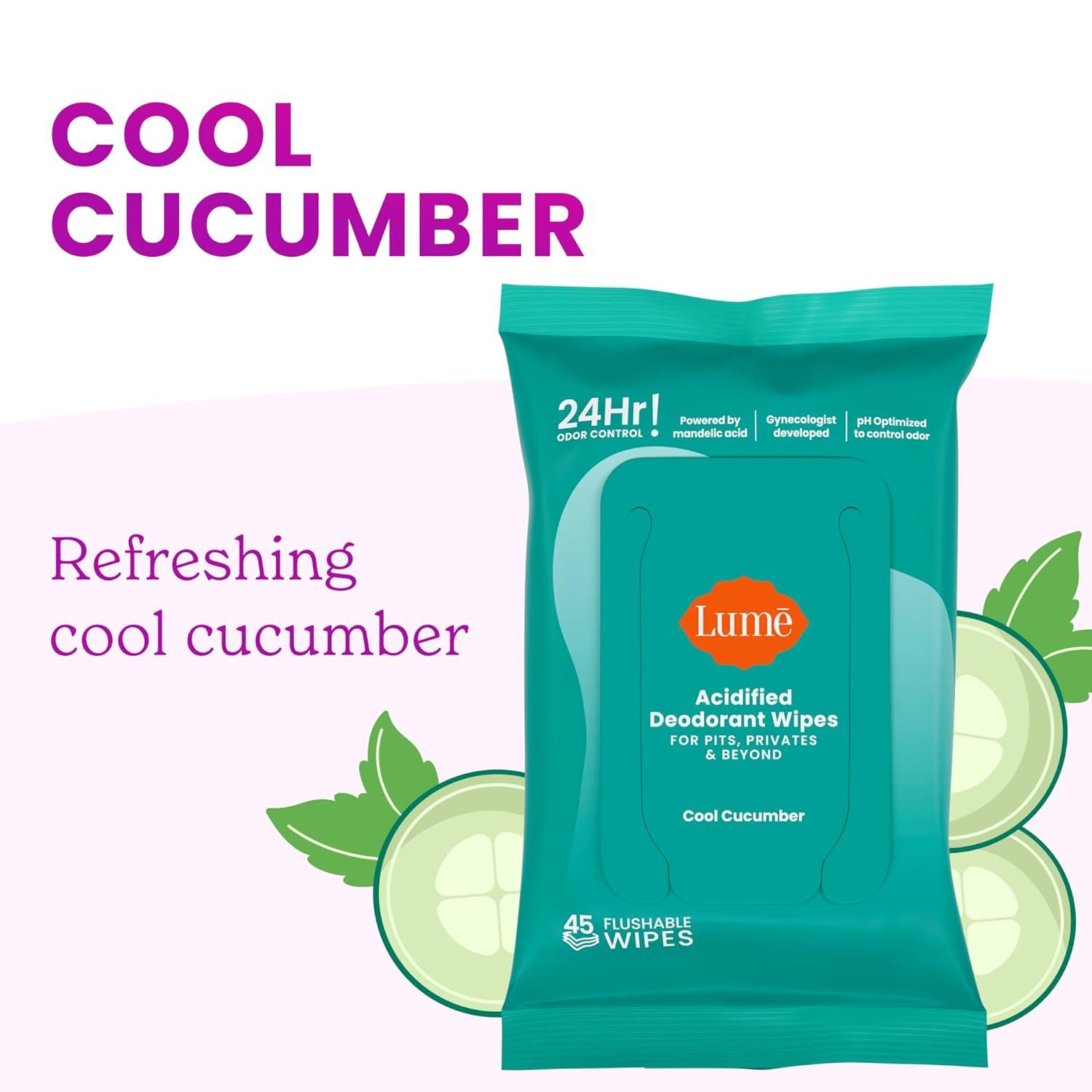 image:imageLume Acidified Deodorant Wipes 24 Hour Odor Control Whole Body Deodorant Wipes Aluminum Free Baking Soda Free Skin Loving Flushable 15 Count 3 Pack Soft PowderCool Cucumber