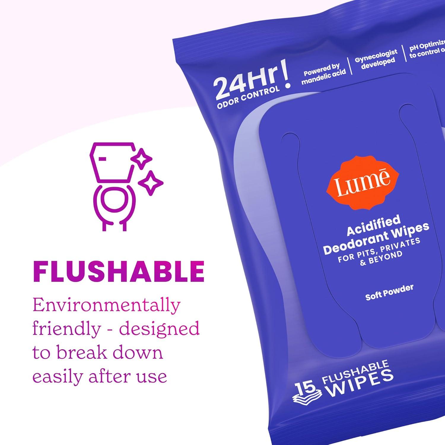 image:imageLume Acidified Deodorant Wipes 24 Hour Odor Control Whole Body Deodorant Wipes Aluminum Free Baking Soda Free Skin Loving Flushable 15 Count 3 Pack Soft PowderSoft Powder