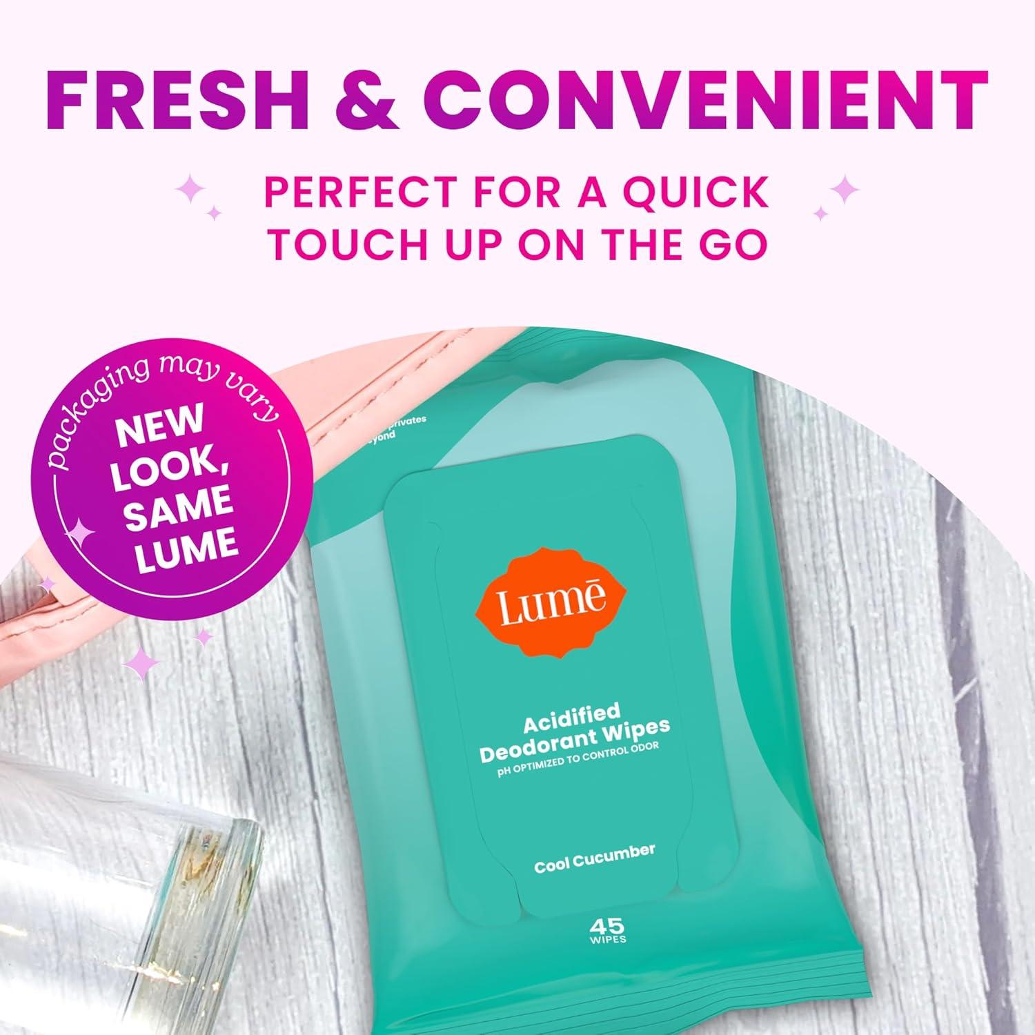 image:imageLume Acidified Deodorant Wipes 24 Hour Odor Control Whole Body Deodorant Wipes Aluminum Free Baking Soda Free Skin Loving Flushable 15 Count 3 Pack Soft PowderCool Cucumber