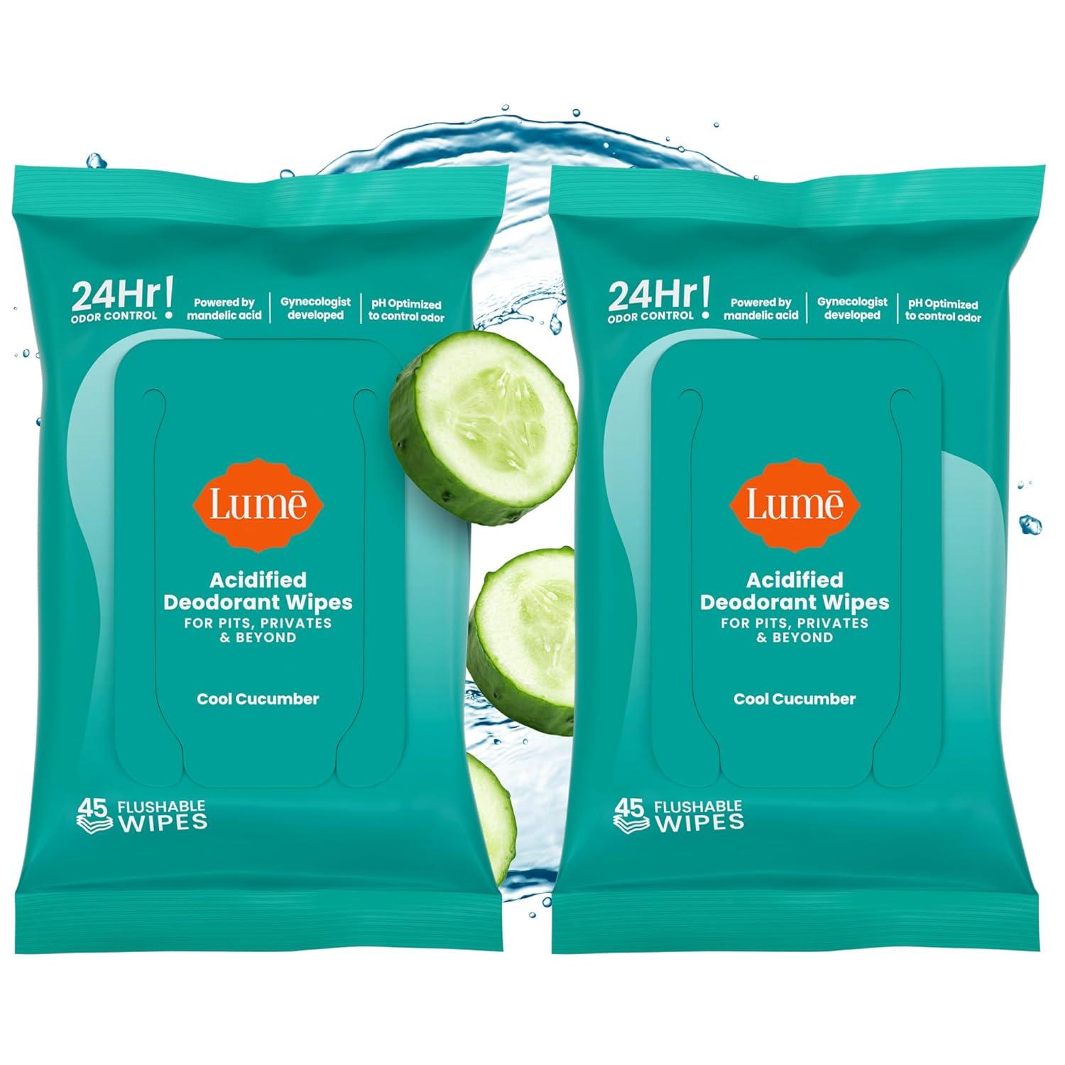 image:imageLume Acidified Deodorant Wipes 24 Hour Odor Control Whole Body Deodorant Wipes Aluminum Free Baking Soda Free Skin Loving Flushable 15 Count 3 Pack Soft PowderCool Cucumber