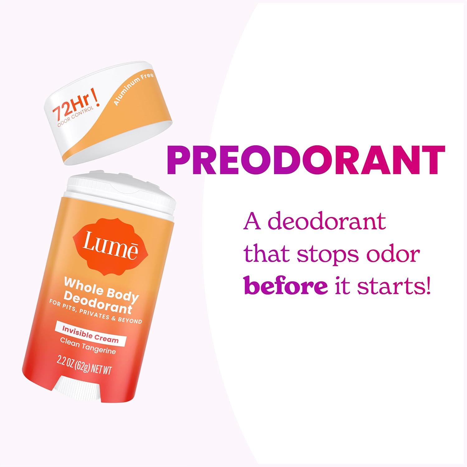 image:imageLume Whole Body Deodorant Invisible Cream Stick 72 Hour Odor Control Aluminum Free Baking Soda Free Skin Safe 22 Ounce Pack of 2 Toasted CoconutClean Tangerine