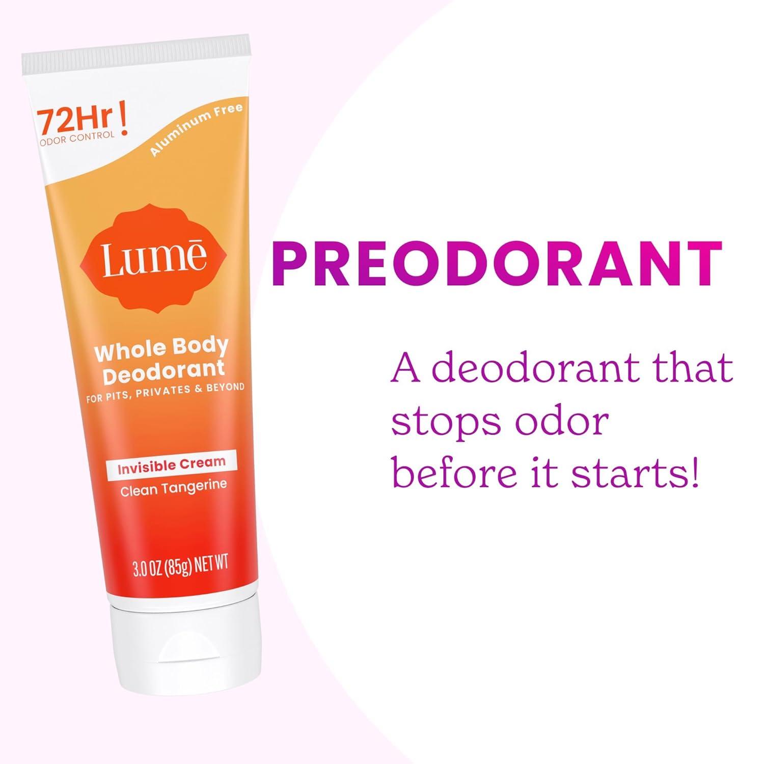 image:imageLume Whole Body Deodorant Invisible Cream Tube 72 Hour Odor Control Aluminum Free Baking Soda Free Skin Safe 30 ounce Soft PowderClean Tangerine