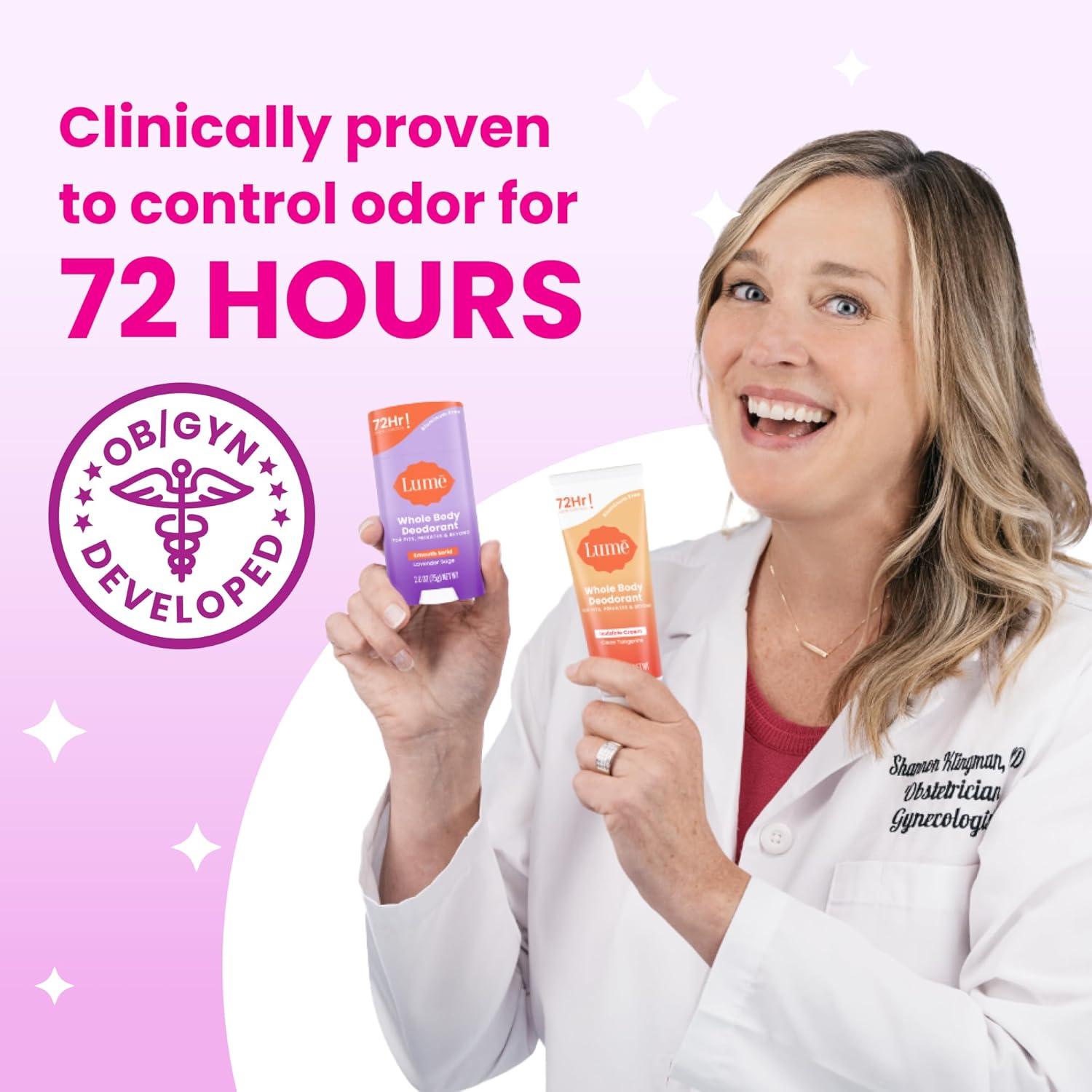 image:imageLume Whole Body Deodorant Invisible Cream Tube 72 Hour Odor Control Aluminum Free Baking Soda Free Skin Safe 30 ounce Soft PowderClean Tangerine
