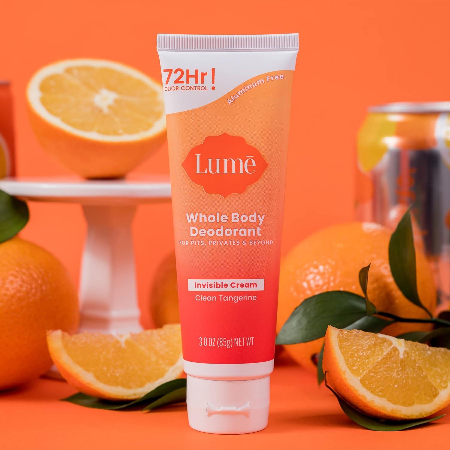 image:imageLume Whole Body Deodorant Invisible Cream Tube 72 Hour Odor Control Aluminum Free Baking Soda Free Skin Safe 30 ounce Soft PowderClean Tangerine