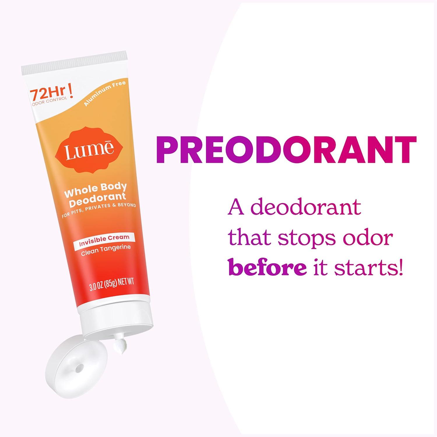 image:imageLume Whole Body Deodorant Invisible Cream Tube 72 Hour Odor Control Aluminum Free Baking Soda Free Skin Safe 30 ounce Soft PowderClean Tangerine