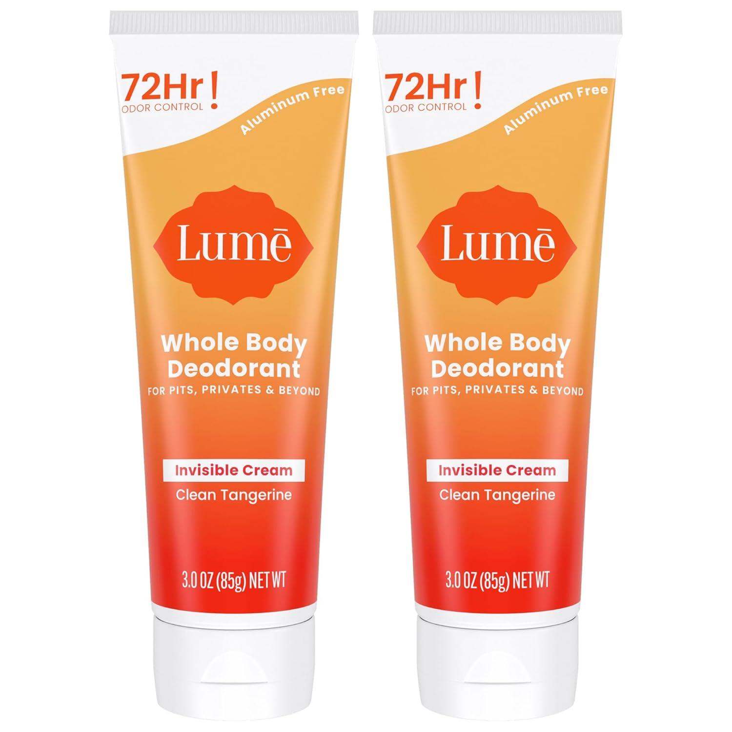 image:imageLume Whole Body Deodorant Invisible Cream Tube 72 Hour Odor Control Aluminum Free Baking Soda Free Skin Safe 30 ounce Soft PowderClean Tangerine