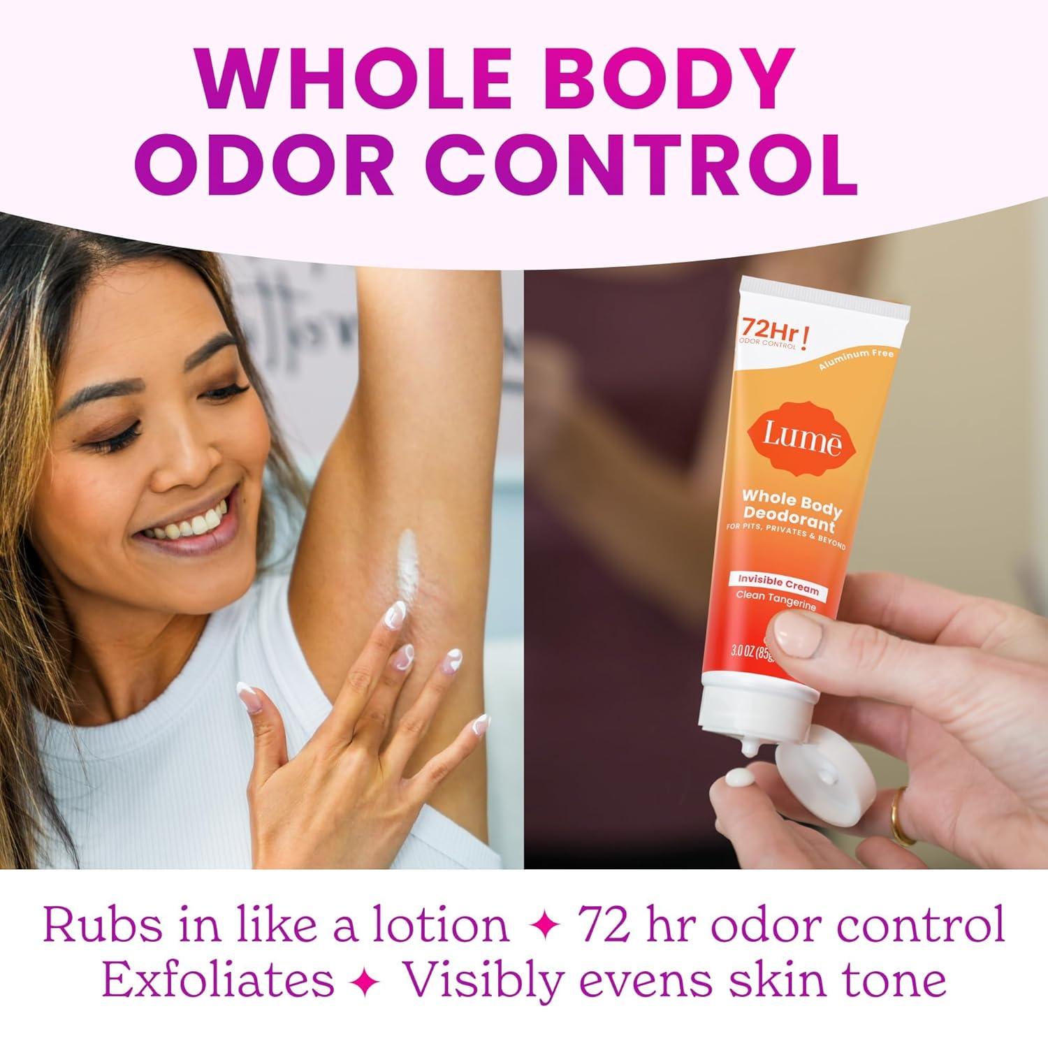 image:imageLume Whole Body Deodorant Invisible Cream Tube 72 Hour Odor Control Aluminum Free Baking Soda Free Skin Safe 30 ounce Soft PowderClean Tangerine