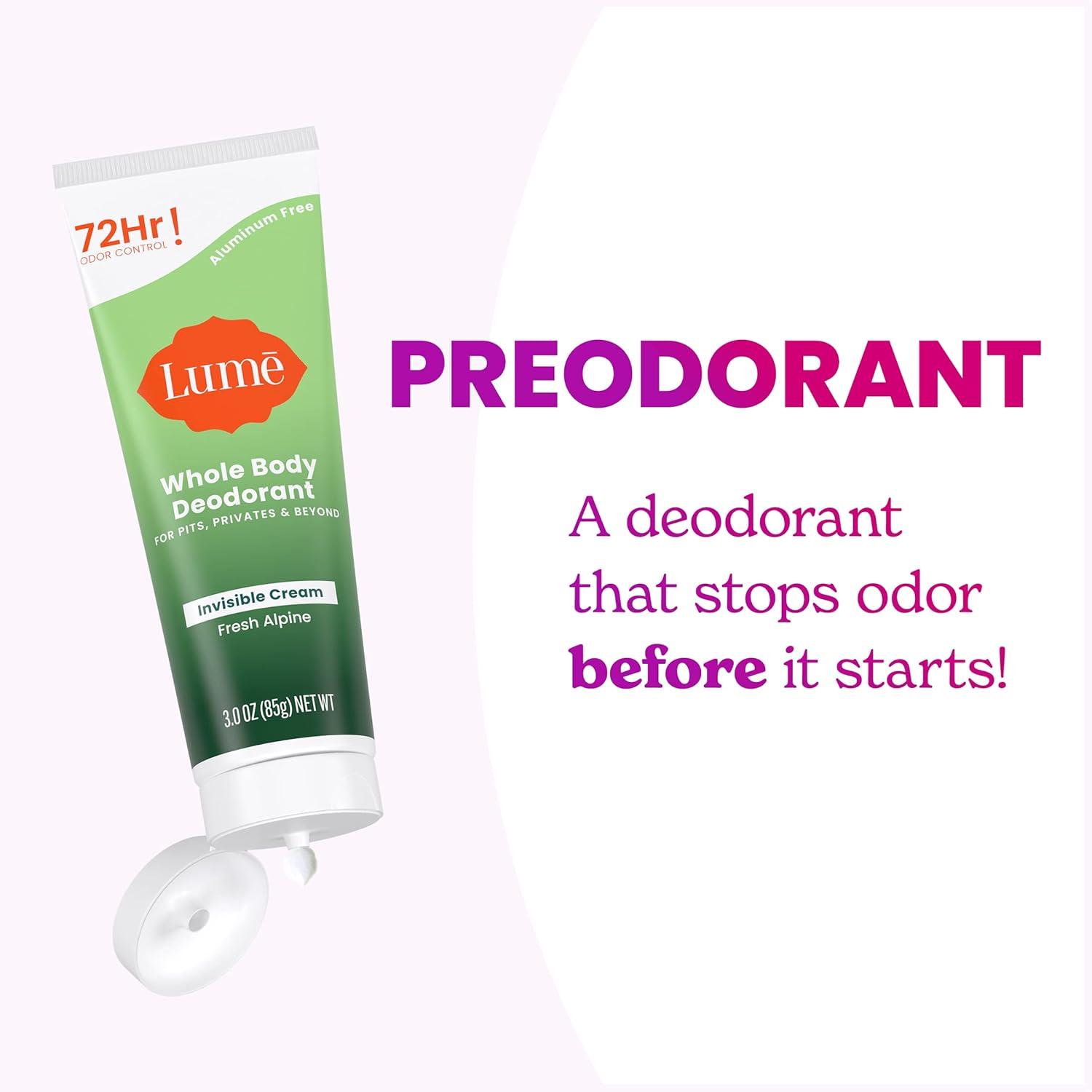 image:imageLume Whole Body Deodorant Invisible Cream Tube 72 Hour Odor Control Aluminum Free Baking Soda Free Skin Safe 30 ounce Soft PowderFresh Alpine