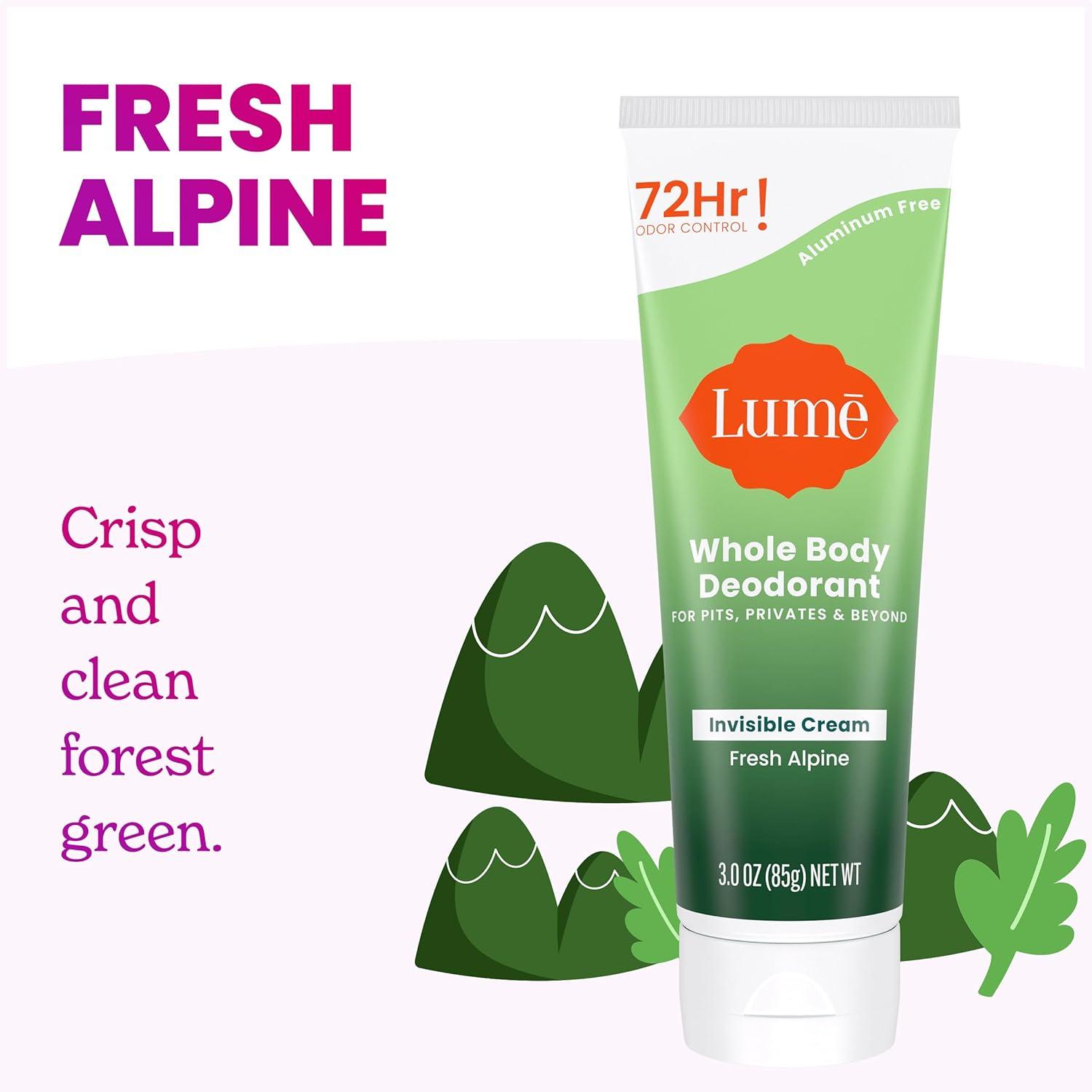 image:imageLume Whole Body Deodorant Invisible Cream Tube 72 Hour Odor Control Aluminum Free Baking Soda Free Skin Safe 30 ounce Soft PowderFresh Alpine