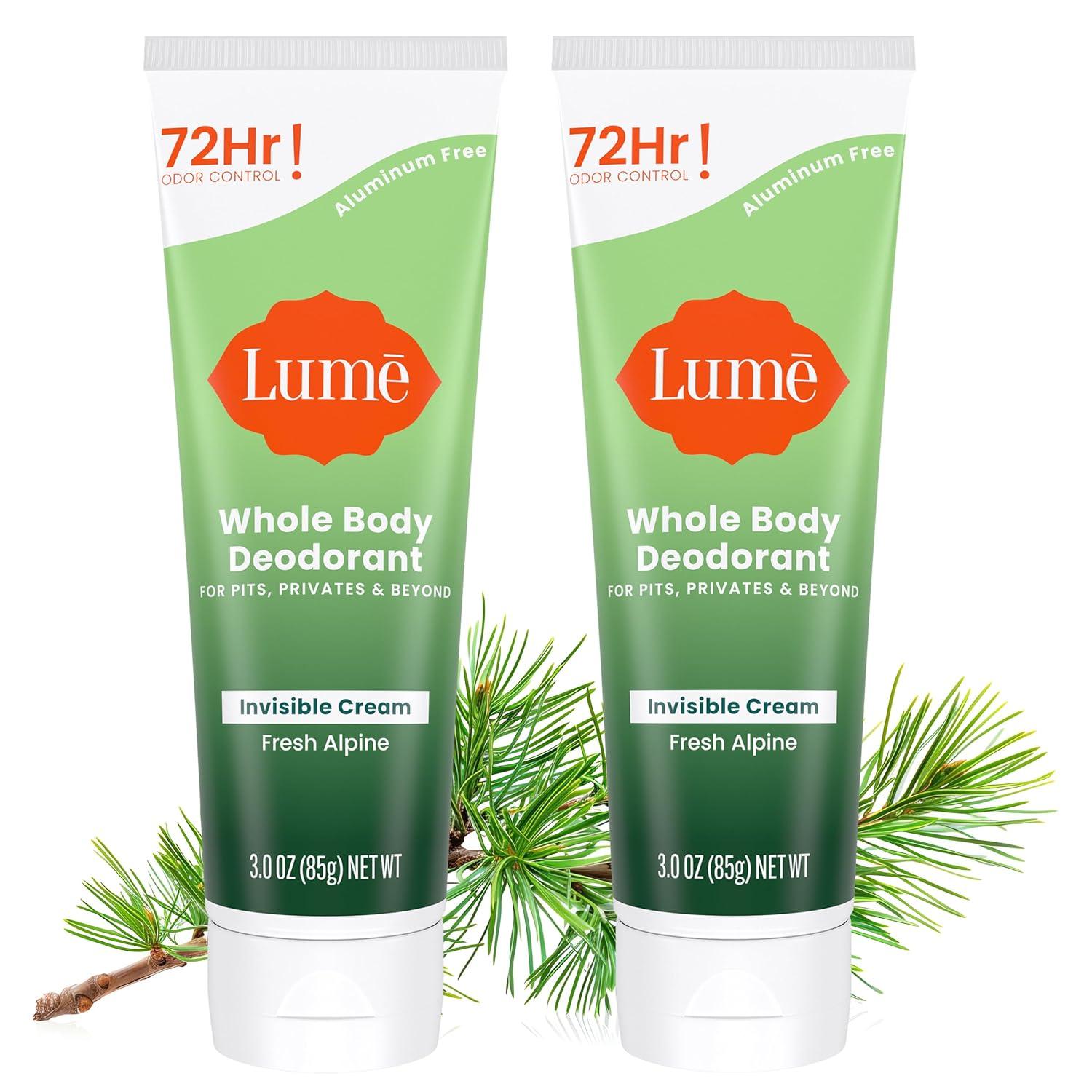 image:imageLume Whole Body Deodorant Invisible Cream Tube 72 Hour Odor Control Aluminum Free Baking Soda Free Skin Safe 30 ounce Soft PowderFresh Alpine