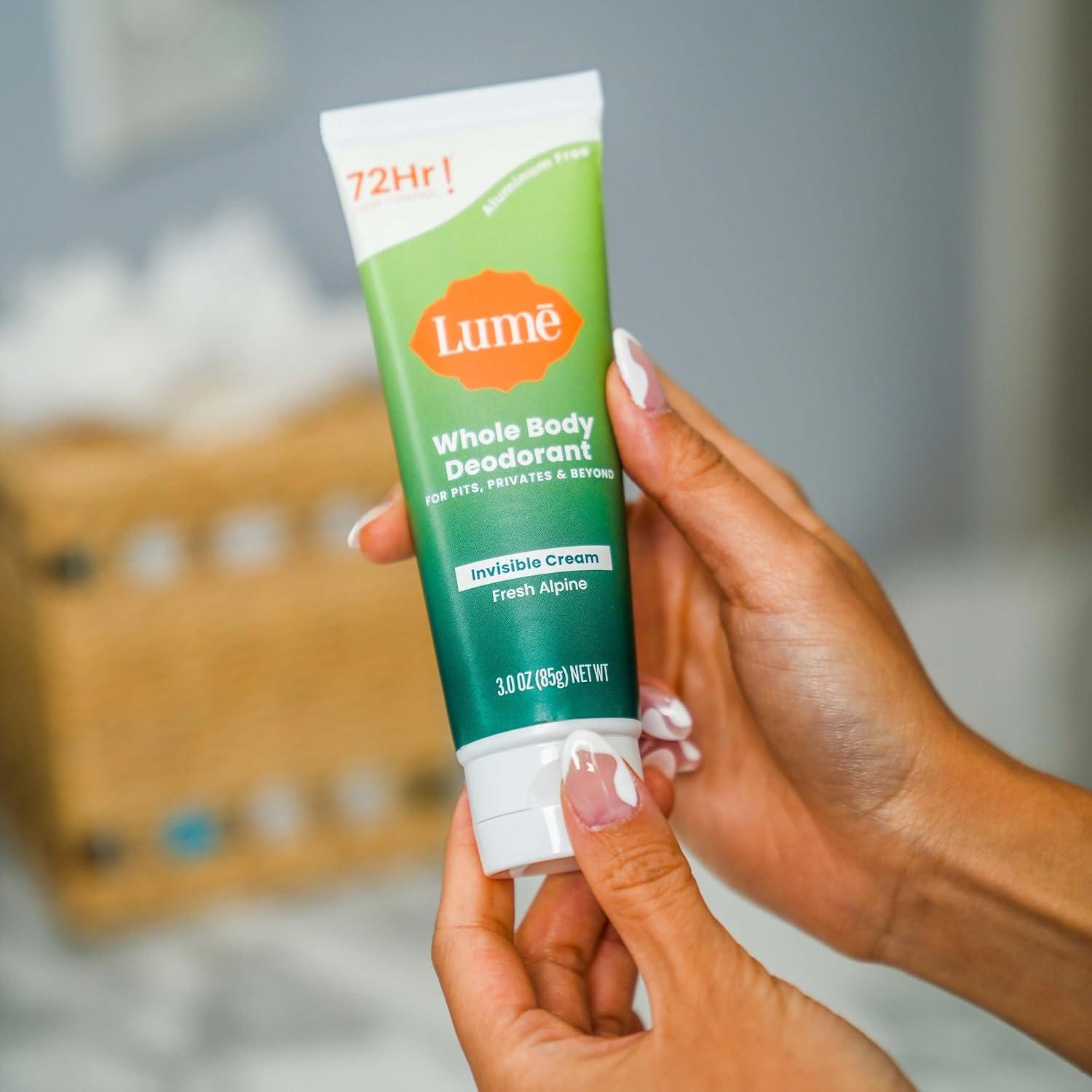 image:imageLume Whole Body Deodorant Invisible Cream Tube 72 Hour Odor Control Aluminum Free Baking Soda Free Skin Safe 30 ounce Soft PowderFresh Alpine