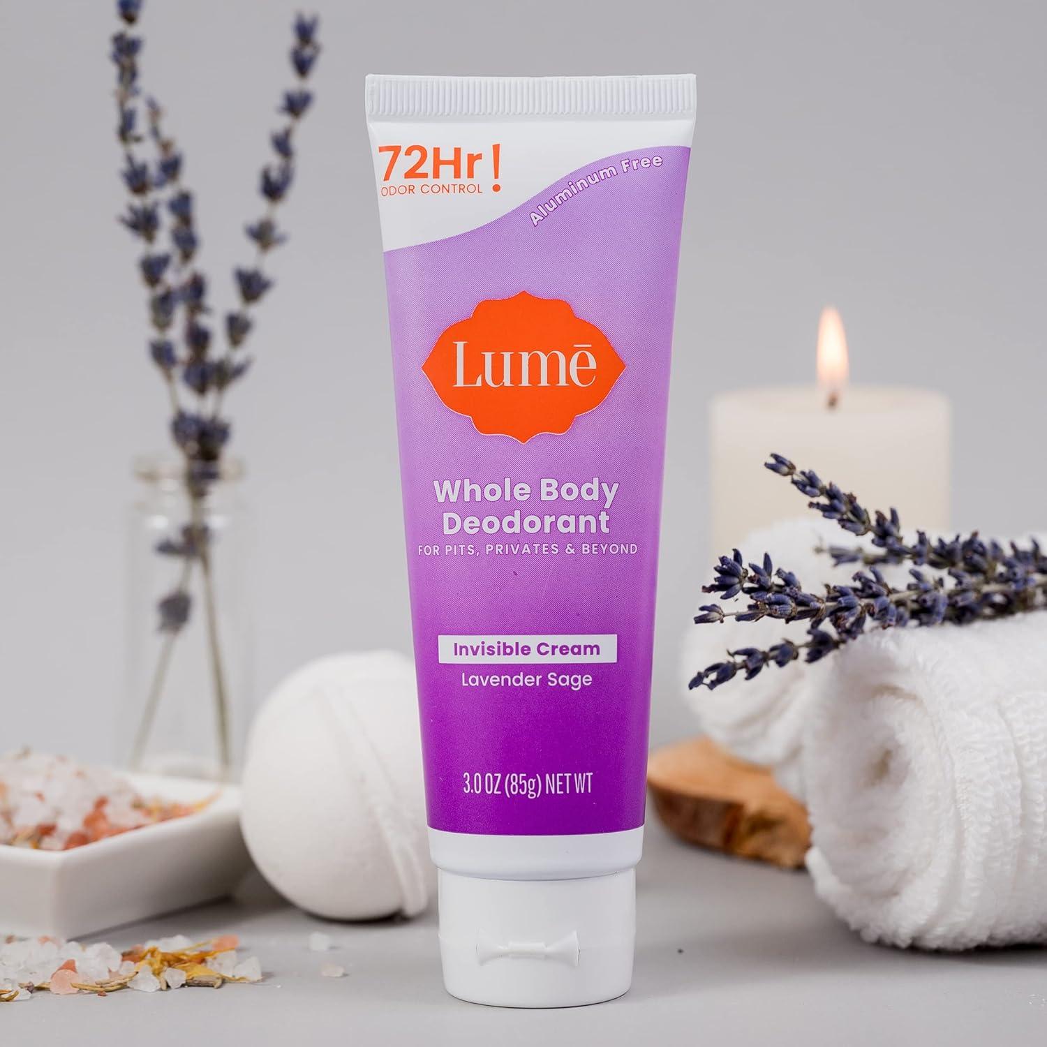 image:imageLume Whole Body Deodorant Invisible Cream Tube 72 Hour Odor Control Aluminum Free Baking Soda Free Skin Safe 30 ounce Soft PowderLavender Sage