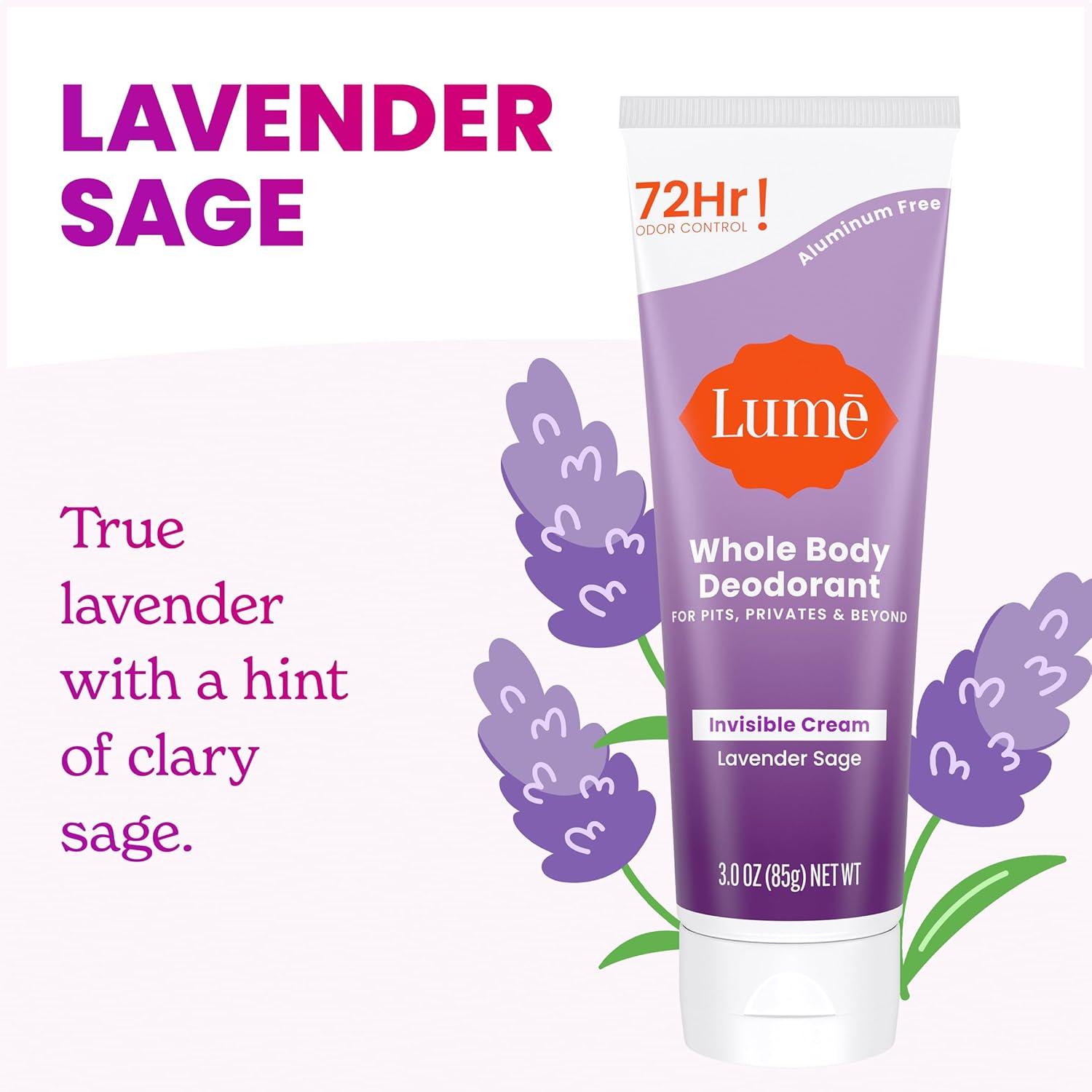 image:imageLume Whole Body Deodorant Invisible Cream Tube 72 Hour Odor Control Aluminum Free Baking Soda Free Skin Safe 30 ounce Soft PowderLavender Sage