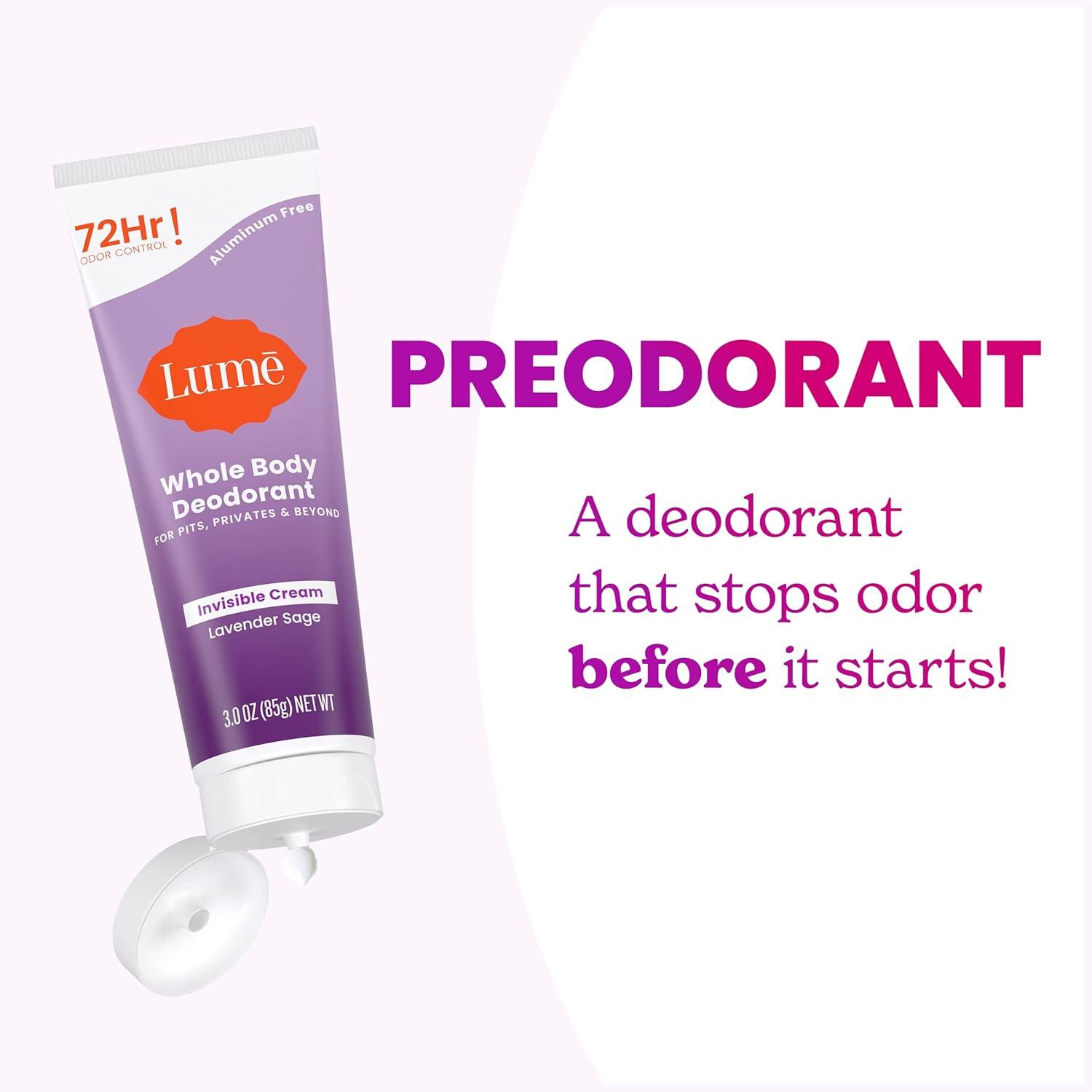image:imageLume Whole Body Deodorant Invisible Cream Tube 72 Hour Odor Control Aluminum Free Baking Soda Free Skin Safe 30 ounce Soft PowderLavender Sage