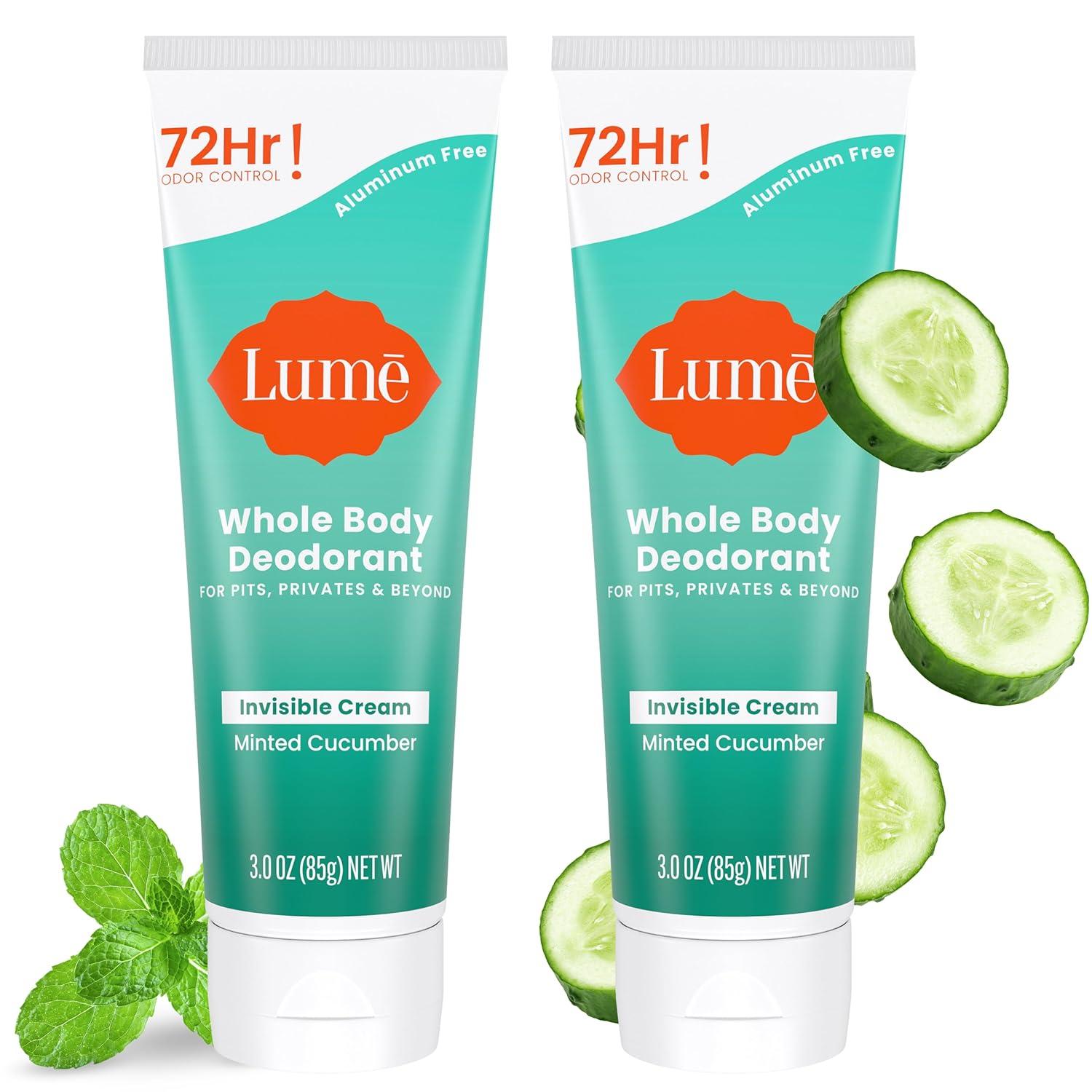 image:imageLume Whole Body Deodorant Invisible Cream Tube 72 Hour Odor Control Aluminum Free Baking Soda Free Skin Safe 30 ounce Soft PowderMinted Cucumber
