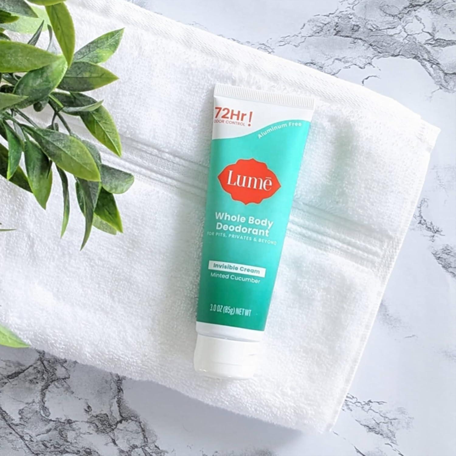 image:imageLume Whole Body Deodorant Invisible Cream Tube 72 Hour Odor Control Aluminum Free Baking Soda Free Skin Safe 30 ounce Soft PowderMinted Cucumber