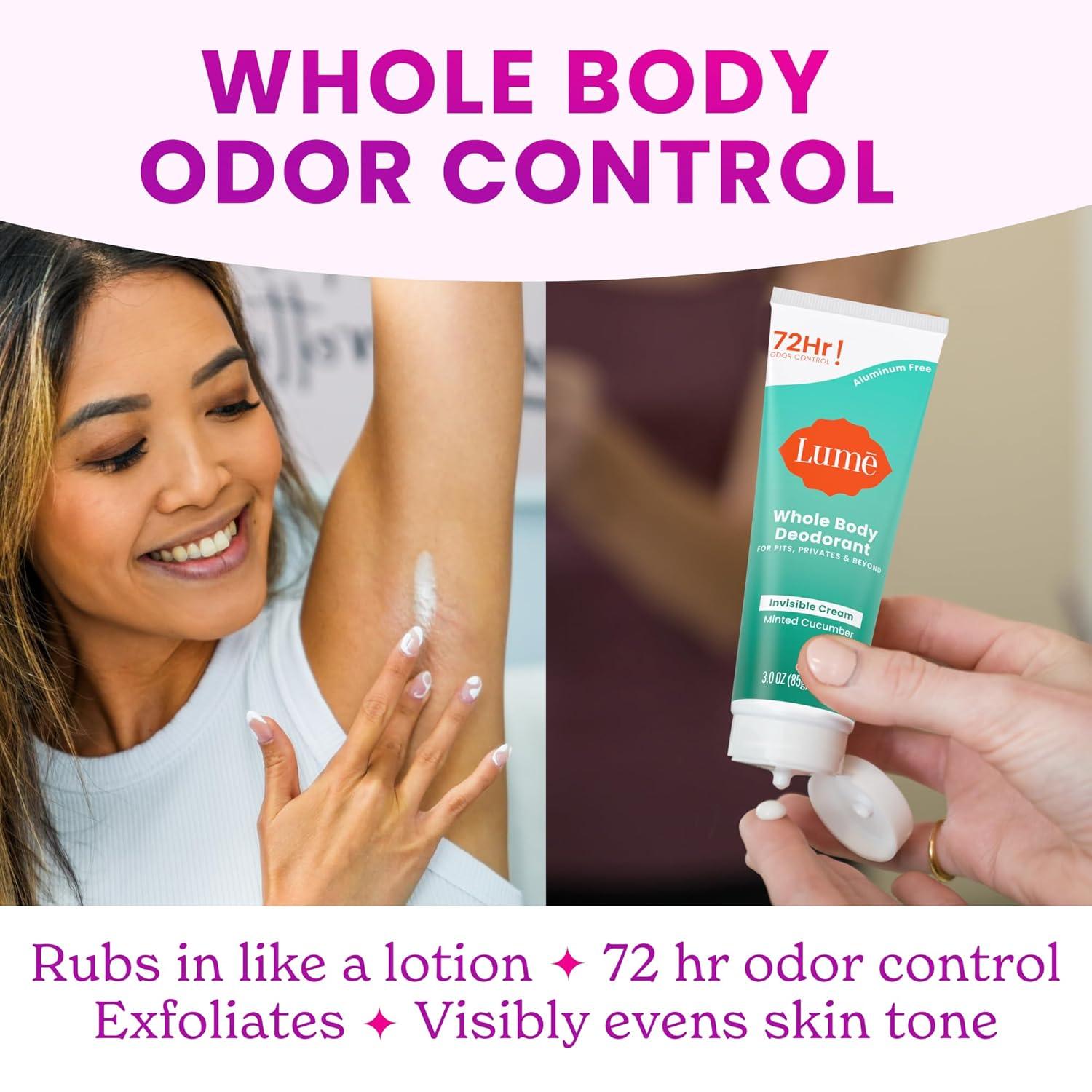 image:imageLume Whole Body Deodorant Invisible Cream Tube 72 Hour Odor Control Aluminum Free Baking Soda Free Skin Safe 30 ounce Soft PowderMinted Cucumber