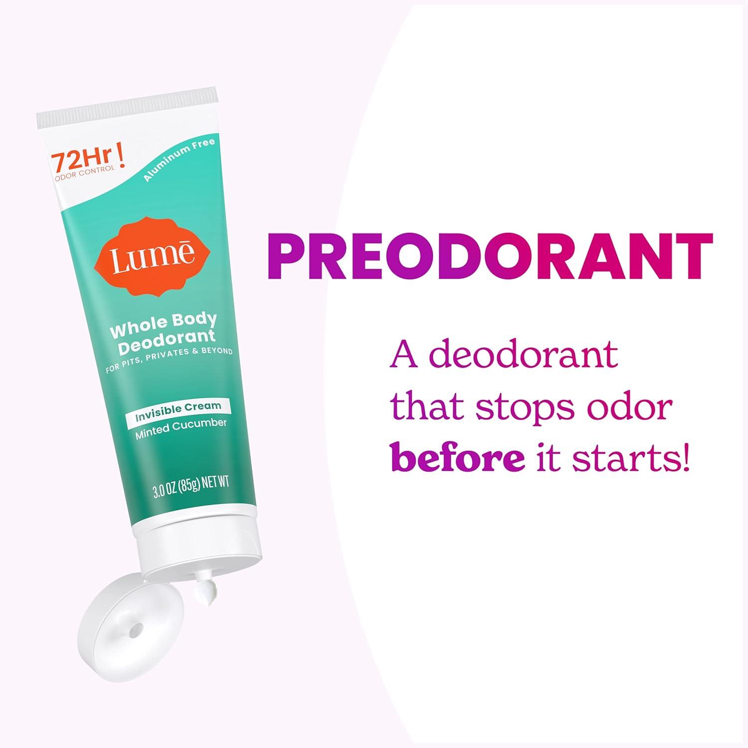 image:imageLume Whole Body Deodorant Invisible Cream Tube 72 Hour Odor Control Aluminum Free Baking Soda Free Skin Safe 30 ounce Soft PowderMinted Cucumber