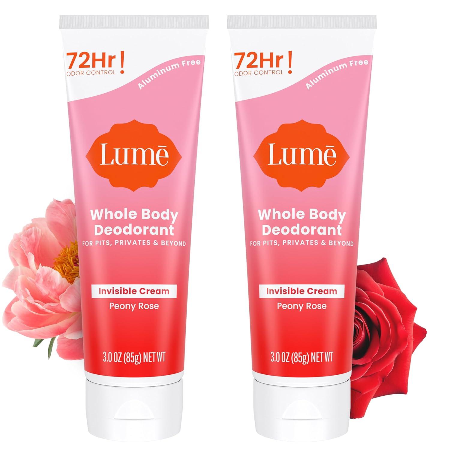image:imageLume Whole Body Deodorant Invisible Cream Tube 72 Hour Odor Control Aluminum Free Baking Soda Free Skin Safe 30 ounce Soft PowderPeony Rose