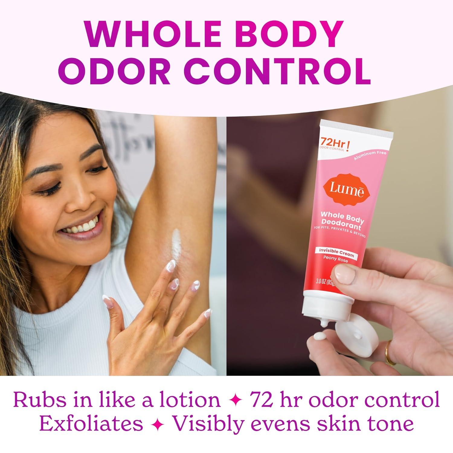image:imageLume Whole Body Deodorant Invisible Cream Tube 72 Hour Odor Control Aluminum Free Baking Soda Free Skin Safe 30 ounce Soft PowderPeony Rose