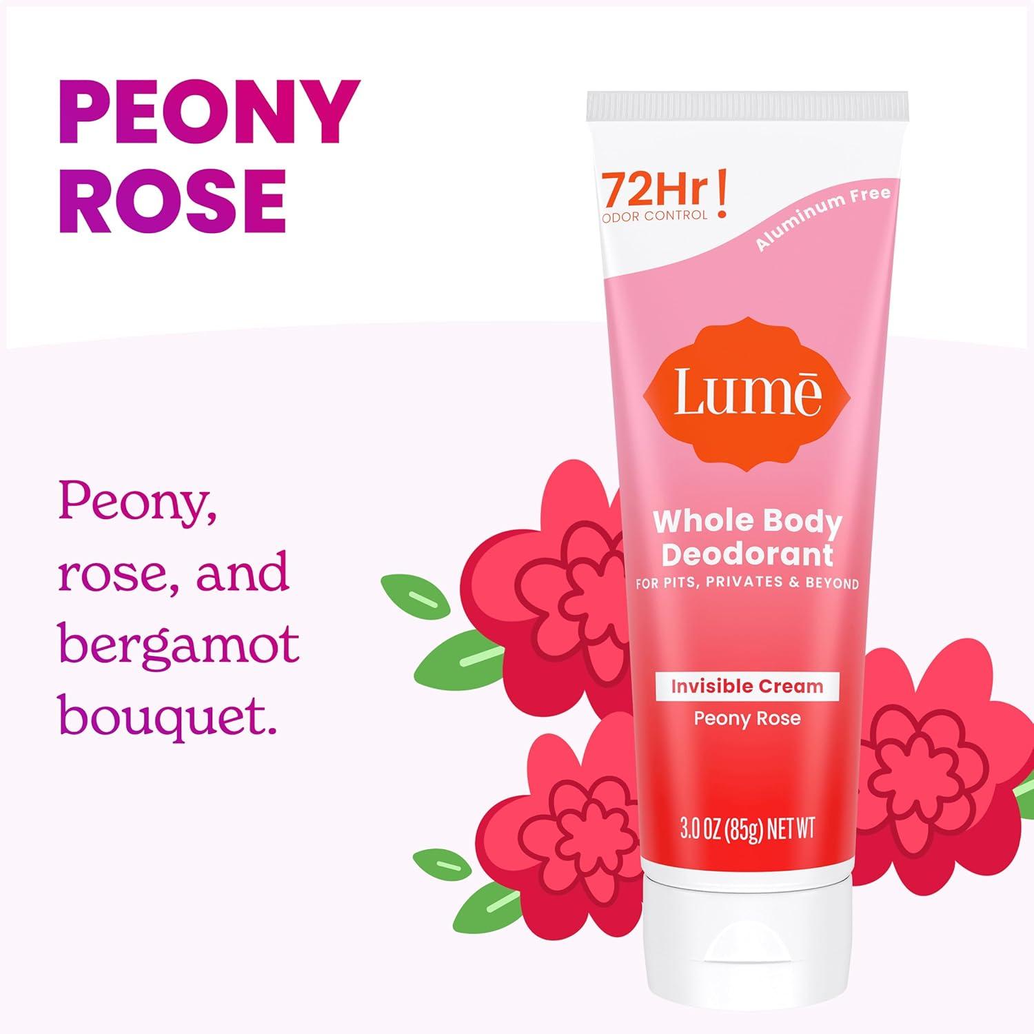 image:imageLume Whole Body Deodorant Invisible Cream Tube 72 Hour Odor Control Aluminum Free Baking Soda Free Skin Safe 30 ounce Soft PowderPeony Rose