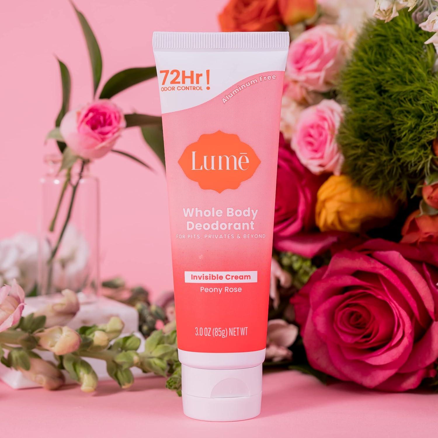 image:imageLume Whole Body Deodorant Invisible Cream Tube 72 Hour Odor Control Aluminum Free Baking Soda Free Skin Safe 30 ounce Soft PowderPeony Rose