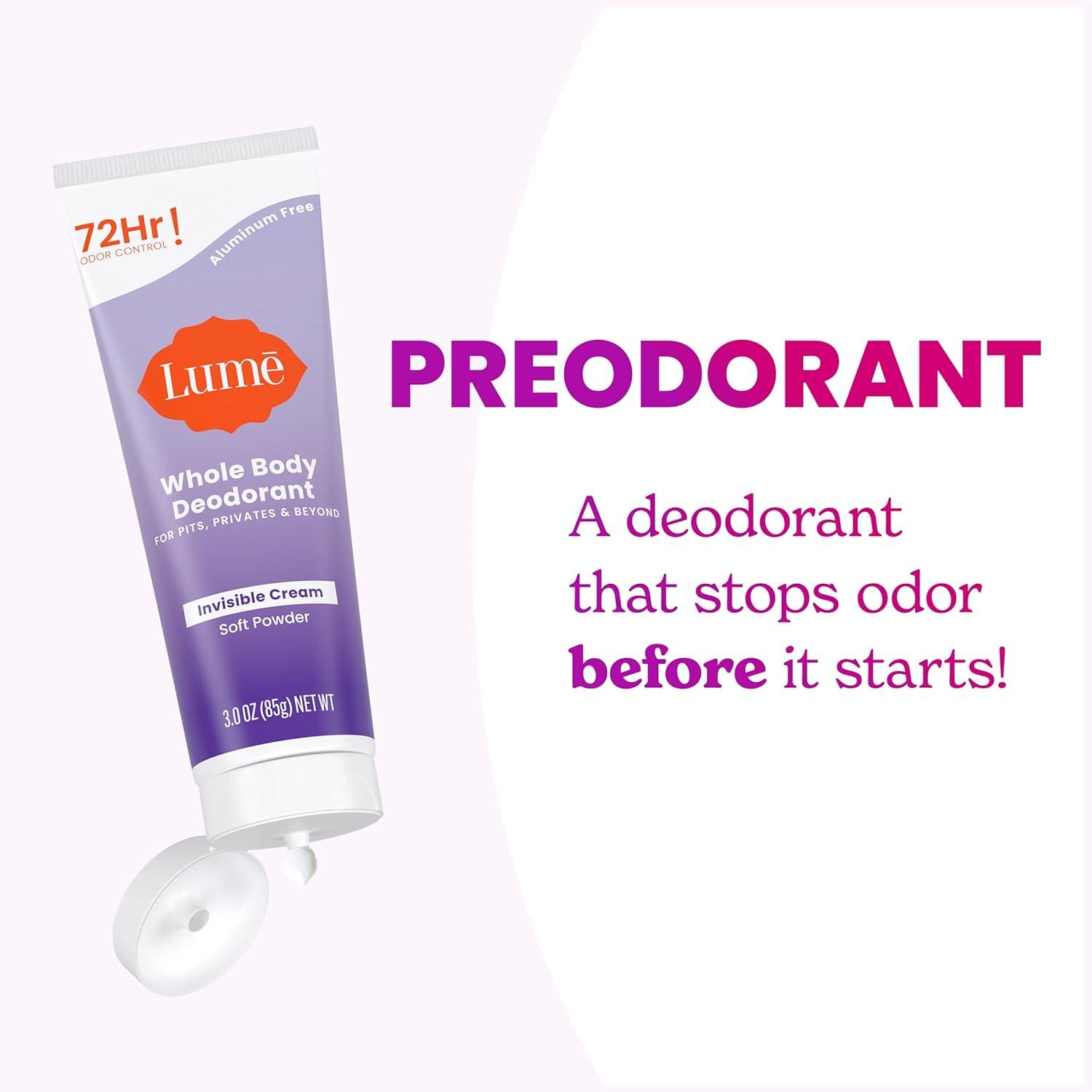 image:imageLume Whole Body Deodorant Invisible Cream Tube 72 Hour Odor Control Aluminum Free Baking Soda Free Skin Safe 30 ounce Soft PowderSoft Powder