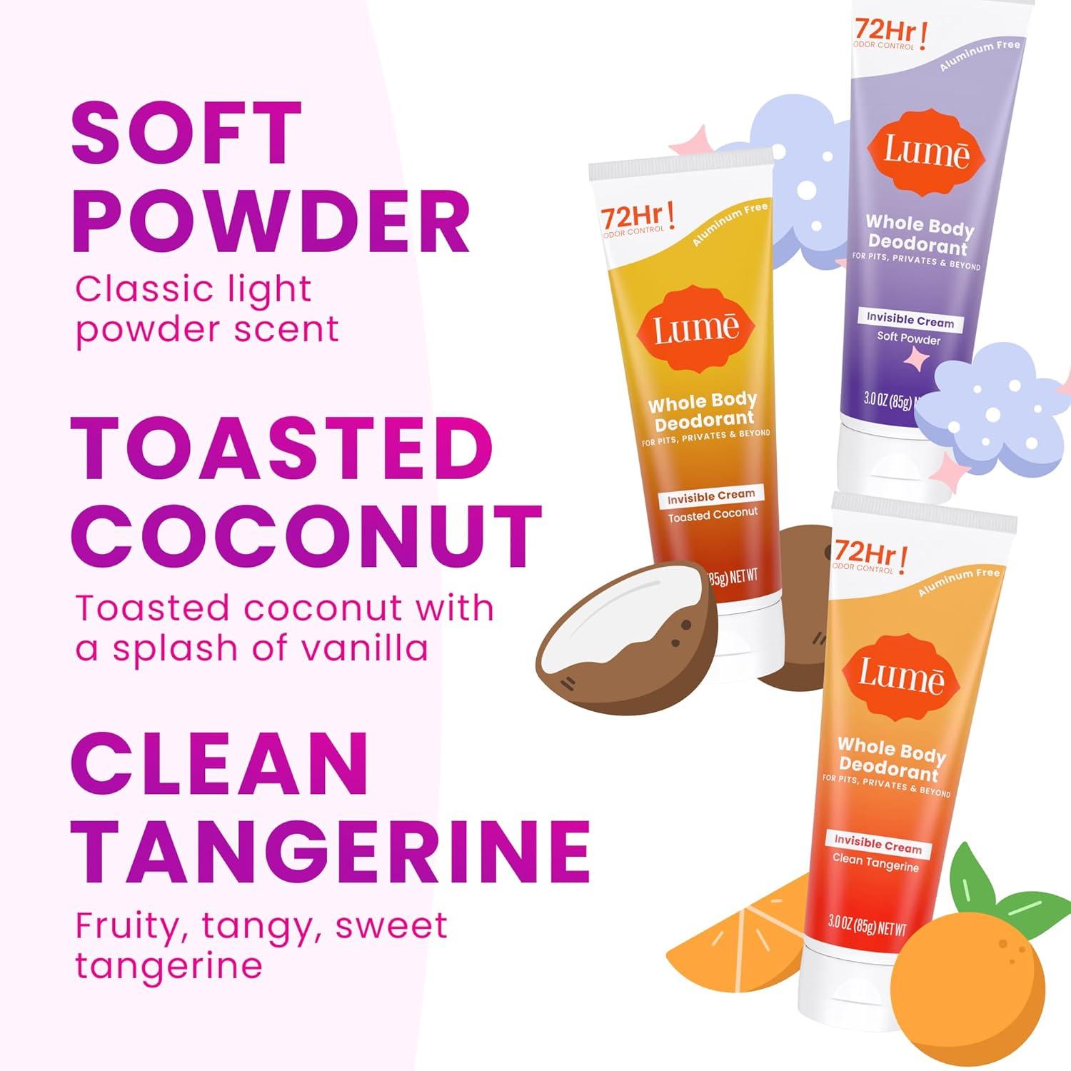 image:imageLume Whole Body Deodorant Invisible Cream Tube 72 Hour Odor Control Aluminum Free Baking Soda Free Skin Safe 30 ounce Soft PowderToasted Coconut Soft Powder Clean Tangerine