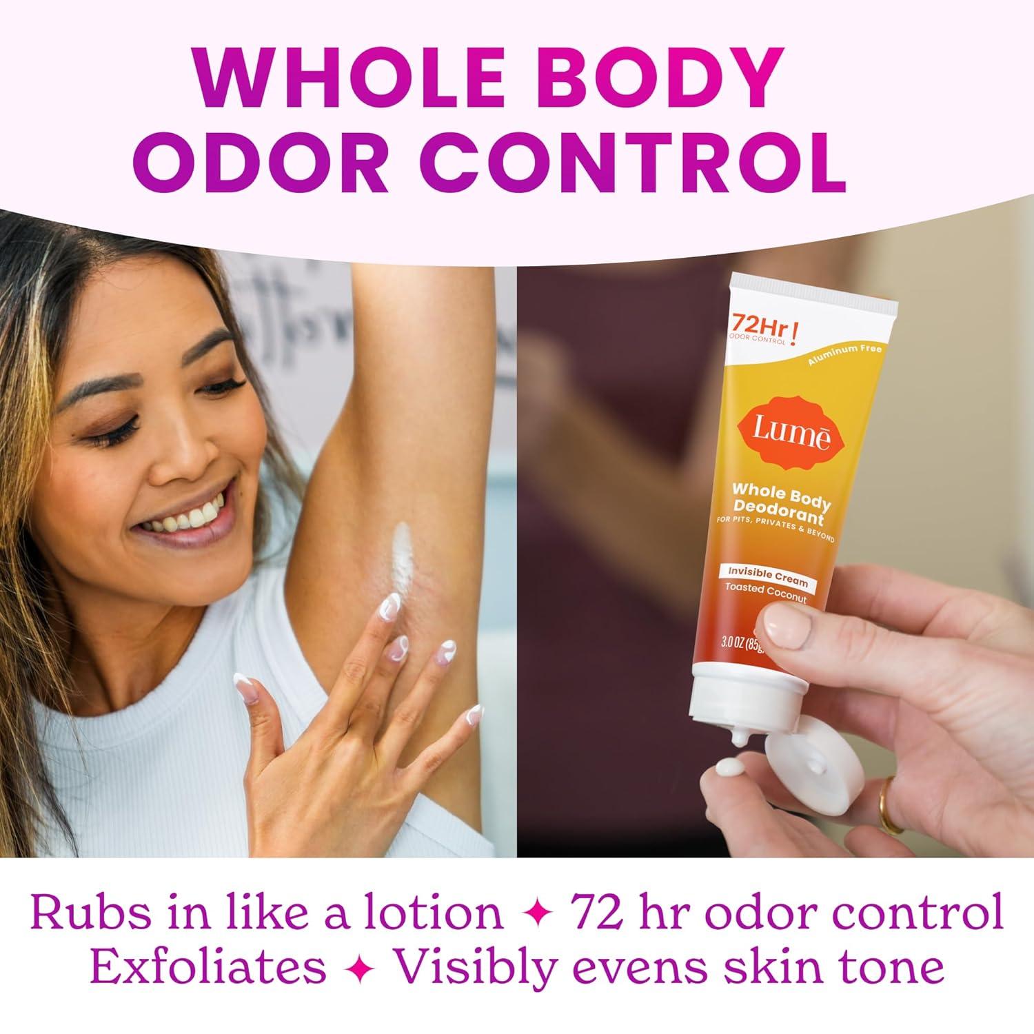 image:imageLume Whole Body Deodorant Invisible Cream Tube 72 Hour Odor Control Aluminum Free Baking Soda Free Skin Safe 30 ounce Soft PowderToasted Coconut