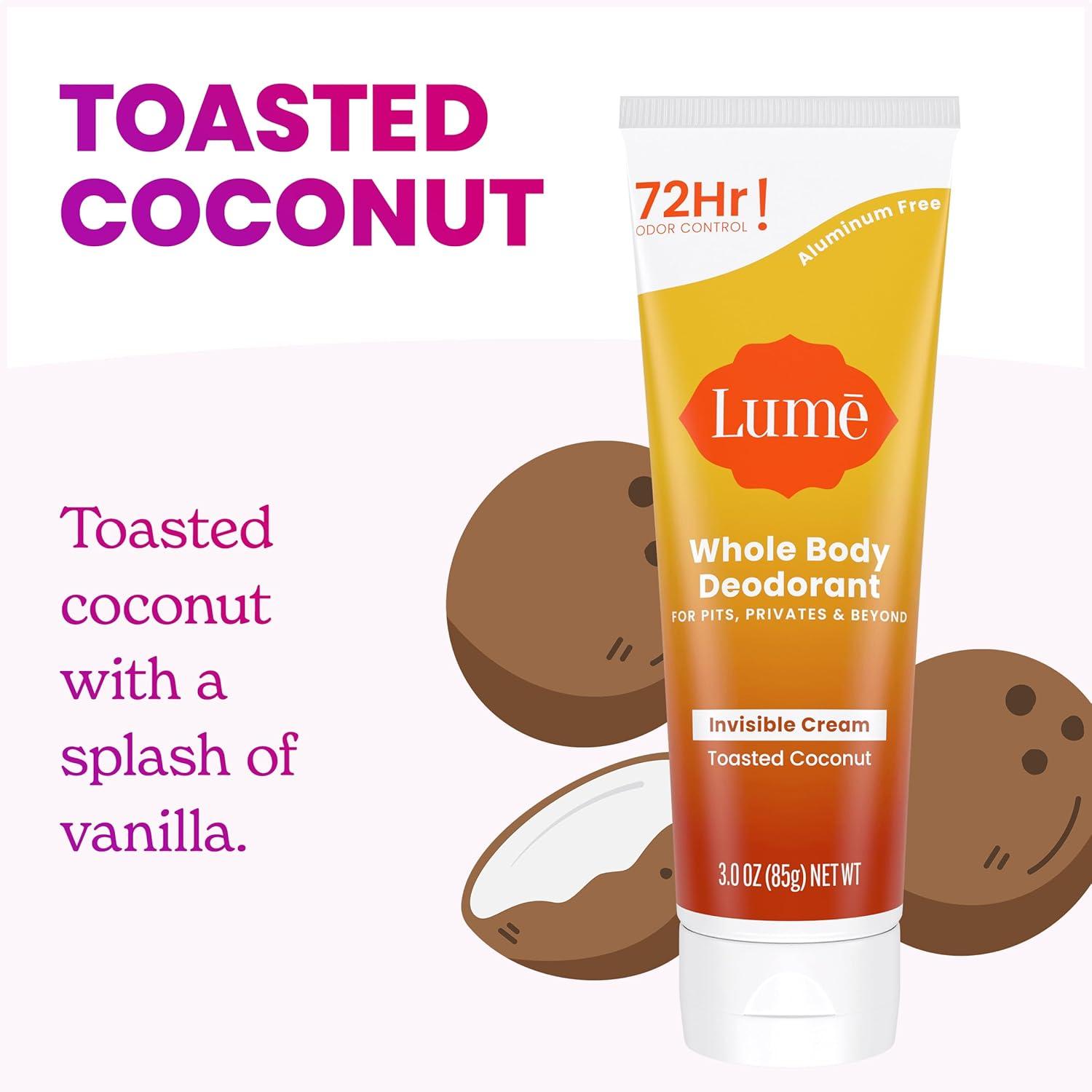 image:imageLume Whole Body Deodorant Invisible Cream Tube 72 Hour Odor Control Aluminum Free Baking Soda Free Skin Safe 30 ounce Soft PowderToasted Coconut