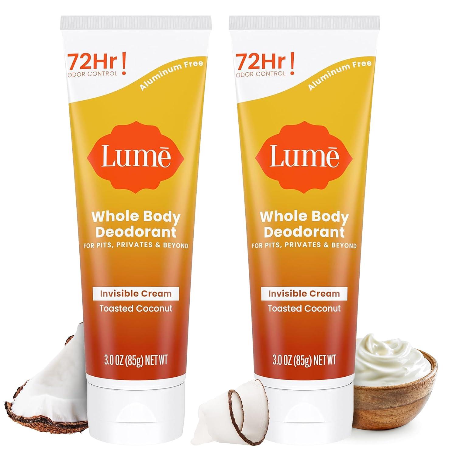 image:imageLume Whole Body Deodorant Invisible Cream Tube 72 Hour Odor Control Aluminum Free Baking Soda Free Skin Safe 30 ounce Soft PowderToasted Coconut