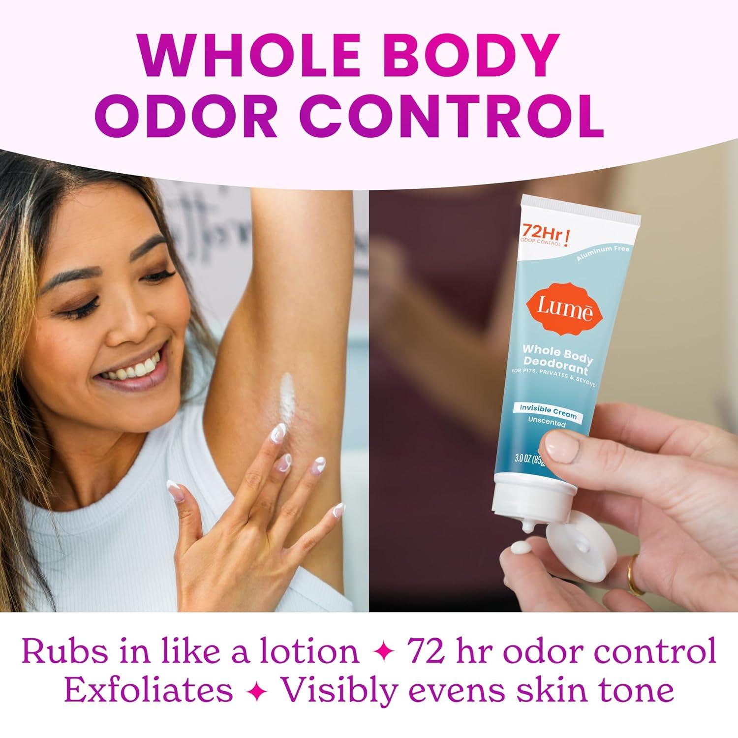 image:imageLume Whole Body Deodorant Invisible Cream Tube 72 Hour Odor Control Aluminum Free Baking Soda Free Skin Safe 30 ounce Soft PowderUnscented