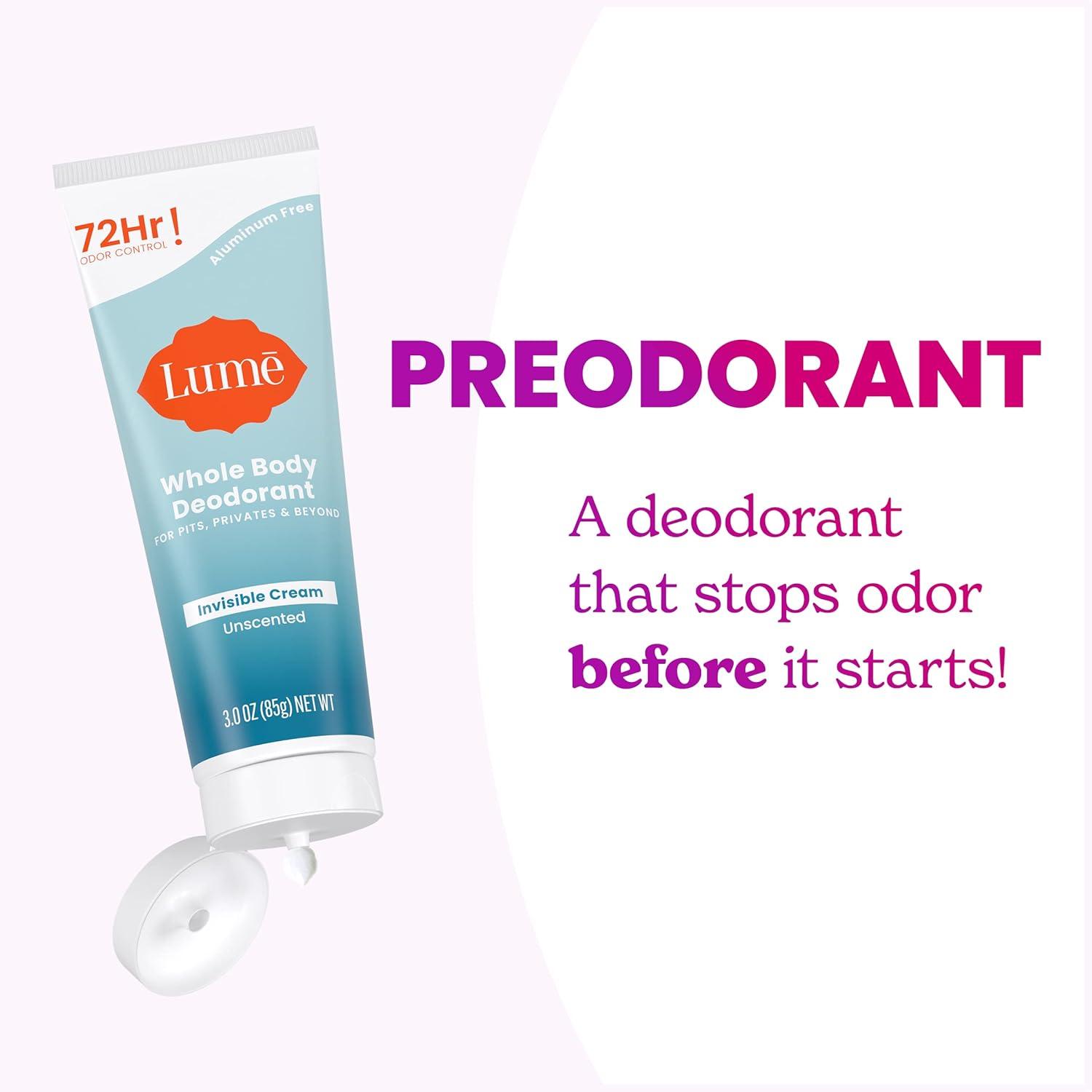 image:imageLume Whole Body Deodorant Invisible Cream Tube 72 Hour Odor Control Aluminum Free Baking Soda Free Skin Safe 30 ounce Soft PowderUnscented
