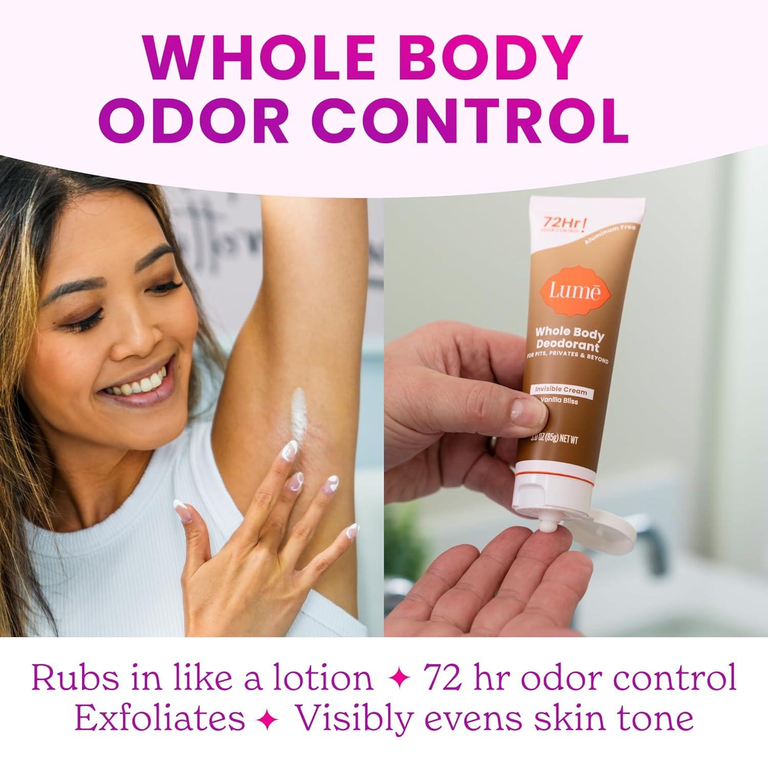 image:imageLume Whole Body Deodorant Invisible Cream Tube 72 Hour Odor Control Aluminum Free Baking Soda Free Skin Safe 30 ounce Soft PowderVanilla Bliss