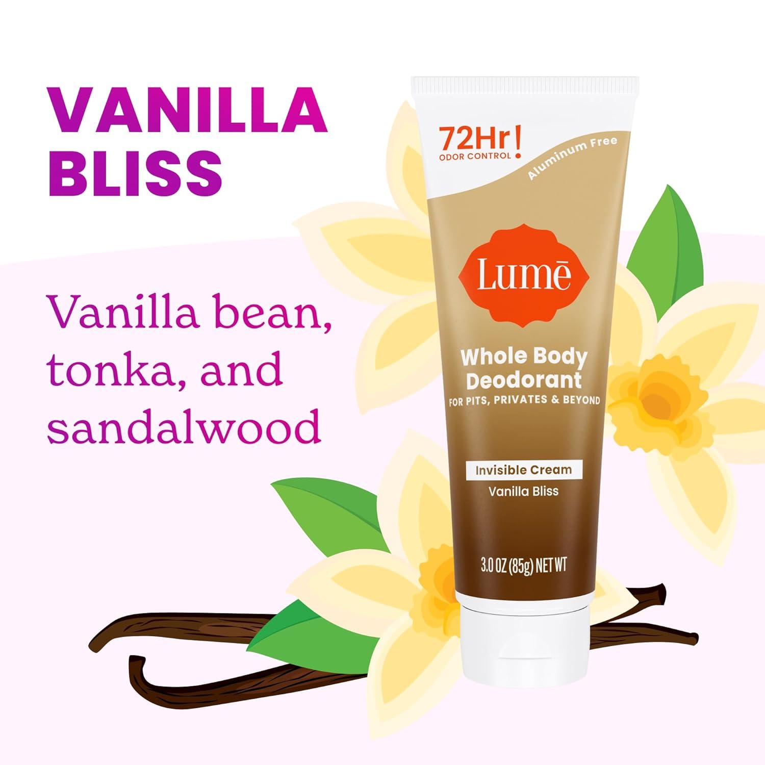 image:imageLume Whole Body Deodorant Invisible Cream Tube 72 Hour Odor Control Aluminum Free Baking Soda Free Skin Safe 30 ounce Soft PowderVanilla Bliss