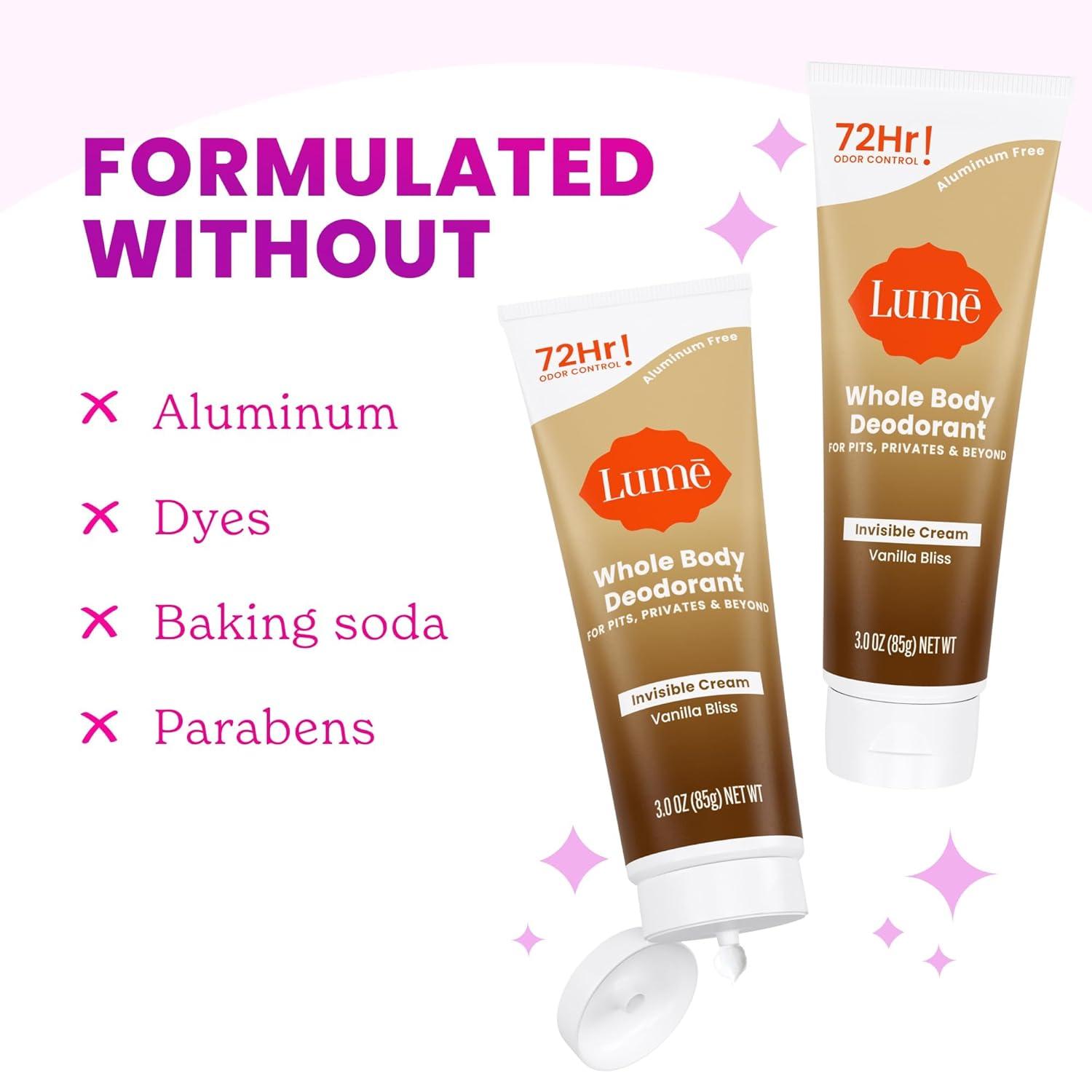image:imageLume Whole Body Deodorant Invisible Cream Tube 72 Hour Odor Control Aluminum Free Baking Soda Free Skin Safe 30 ounce Soft PowderVanilla Bliss