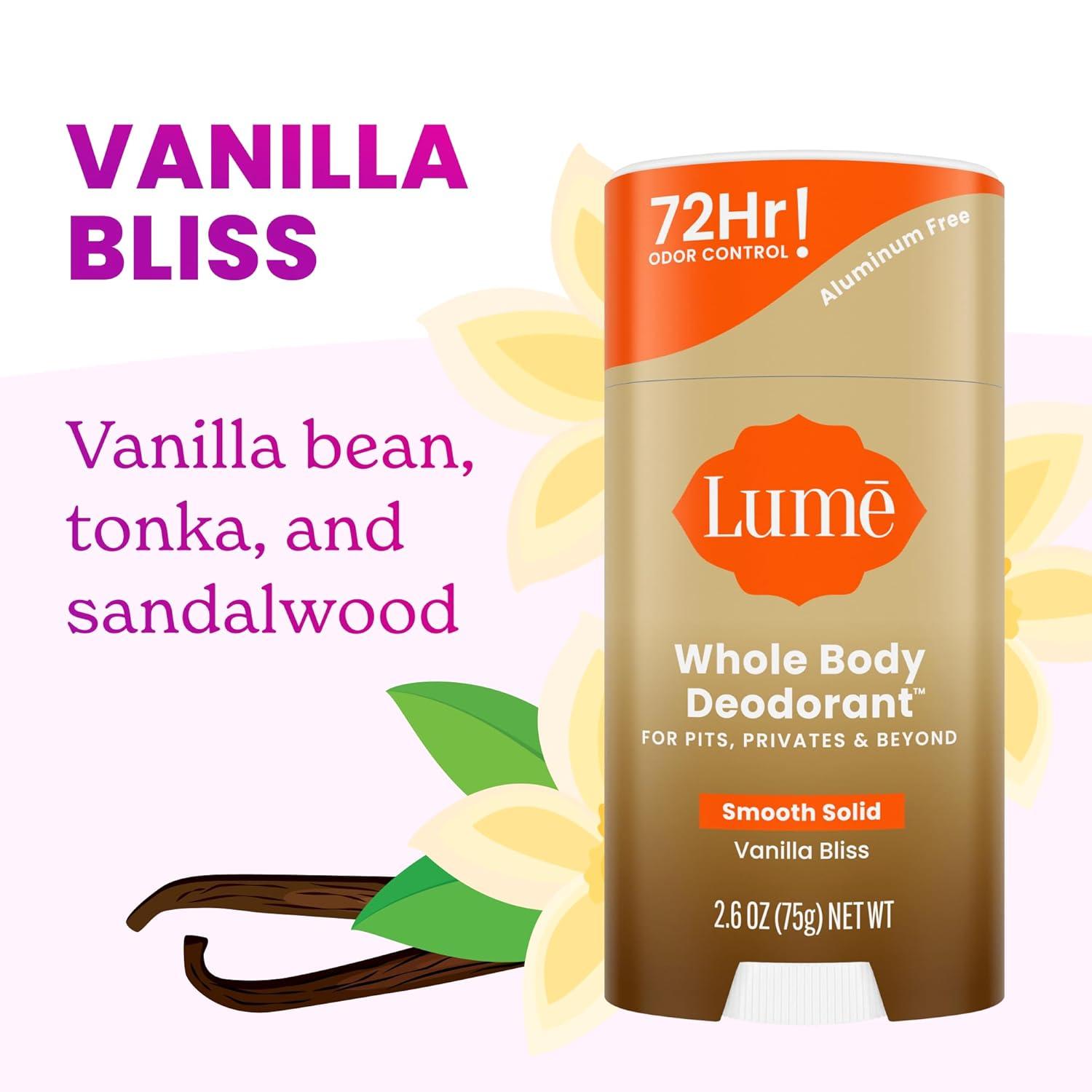 image:imageLume Whole Body Deodorant Smooth Solid Stick 72 Hour Odor Control Aluminum Free Baking Soda Free and Skin Safe 26 Ounce Pack of 3 Clean Tangerine Lavender Sage UnscentedVanilla Bliss