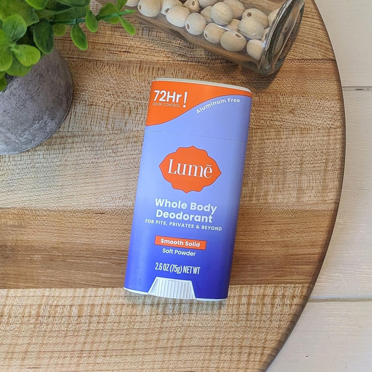 image:imageLume Whole Body Deodorant Smooth Solid Stick 72 Hour Odor Control Aluminum Free Baking Soda Free and Skin Safe 26 Ounce Pack of 3 Clean Tangerine Lavender Sage UnscentedSoft Powder