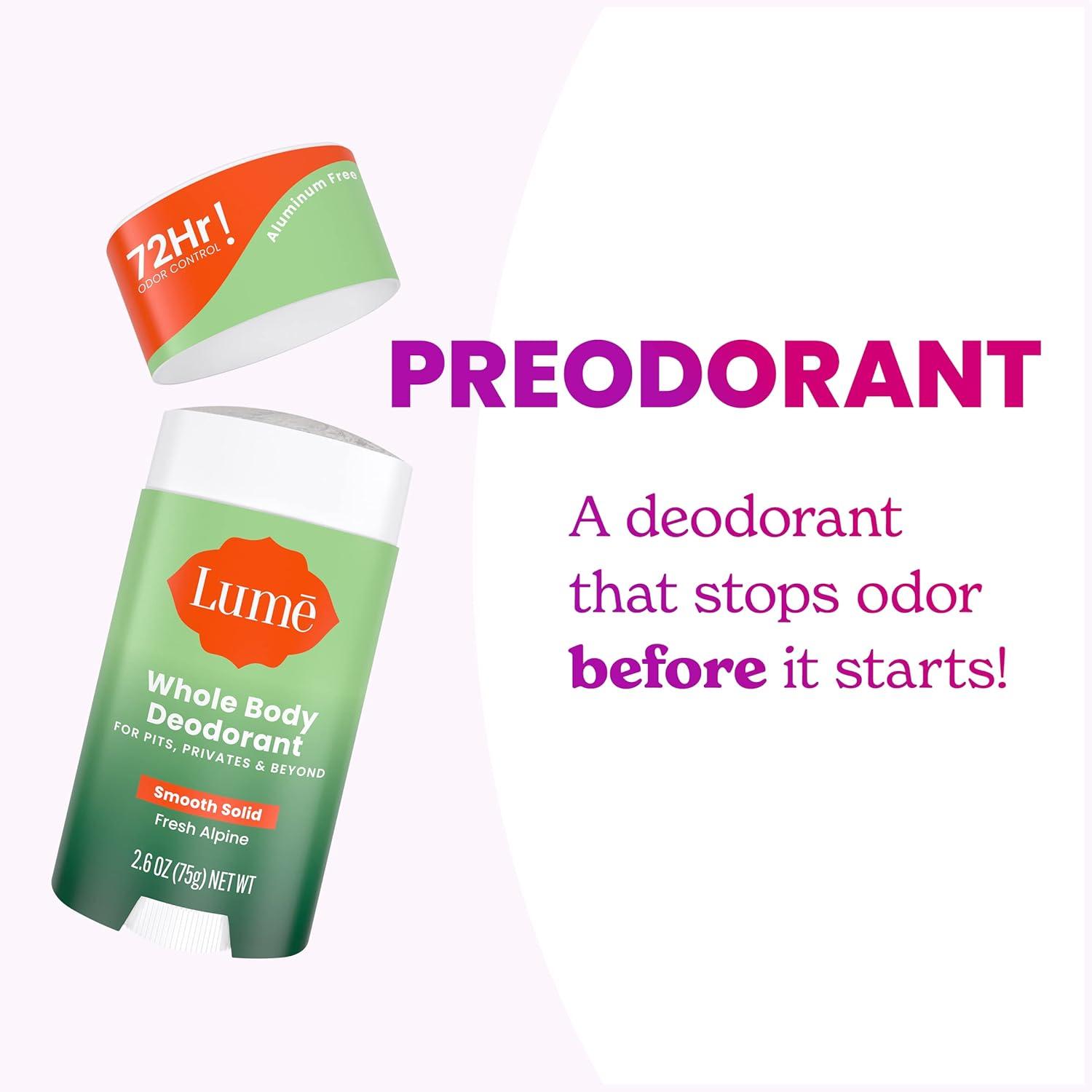 image:imageLume Whole Body Deodorant Smooth Solid Stick 72 Hour Odor Control Aluminum Free Baking Soda Free and Skin Safe 26 Ounce Pack of 3 Clean Tangerine Lavender Sage UnscentedFresh Alpine