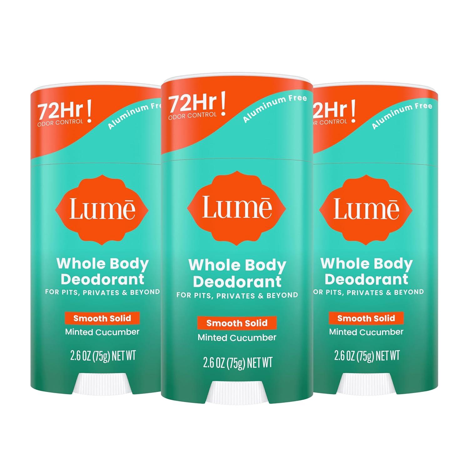 image:imageLume Whole Body Deodorant Smooth Solid Stick 72 Hour Odor Control Aluminum Free Baking Soda Free and Skin Safe 26 Ounce Pack of 3 Clean Tangerine Lavender Sage UnscentedMinted Cucumber